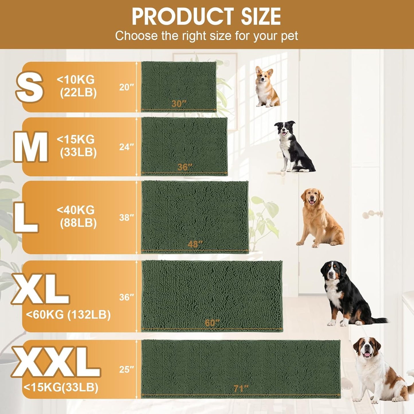 Dog Door Mats for Muddy Paws, Chenille Absorbent Dog Mats, Non Slip Heavy Mud Mat for Dogs, Soft Pet Mat for Entryway, Mud Paws, Inside Floor,48" x 38", Olive