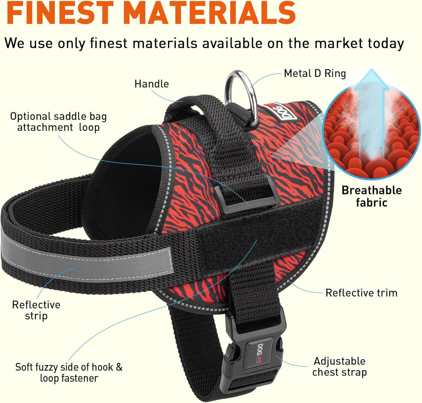 Dogline Dog Harness, Reflective No-Pull Adjustable Vest with Handle for Walking, Training, Breathable, No - Choke Harness for Small, Medium or Large Dogs Room for Patches Zebra Black/Red XL 33"-46"