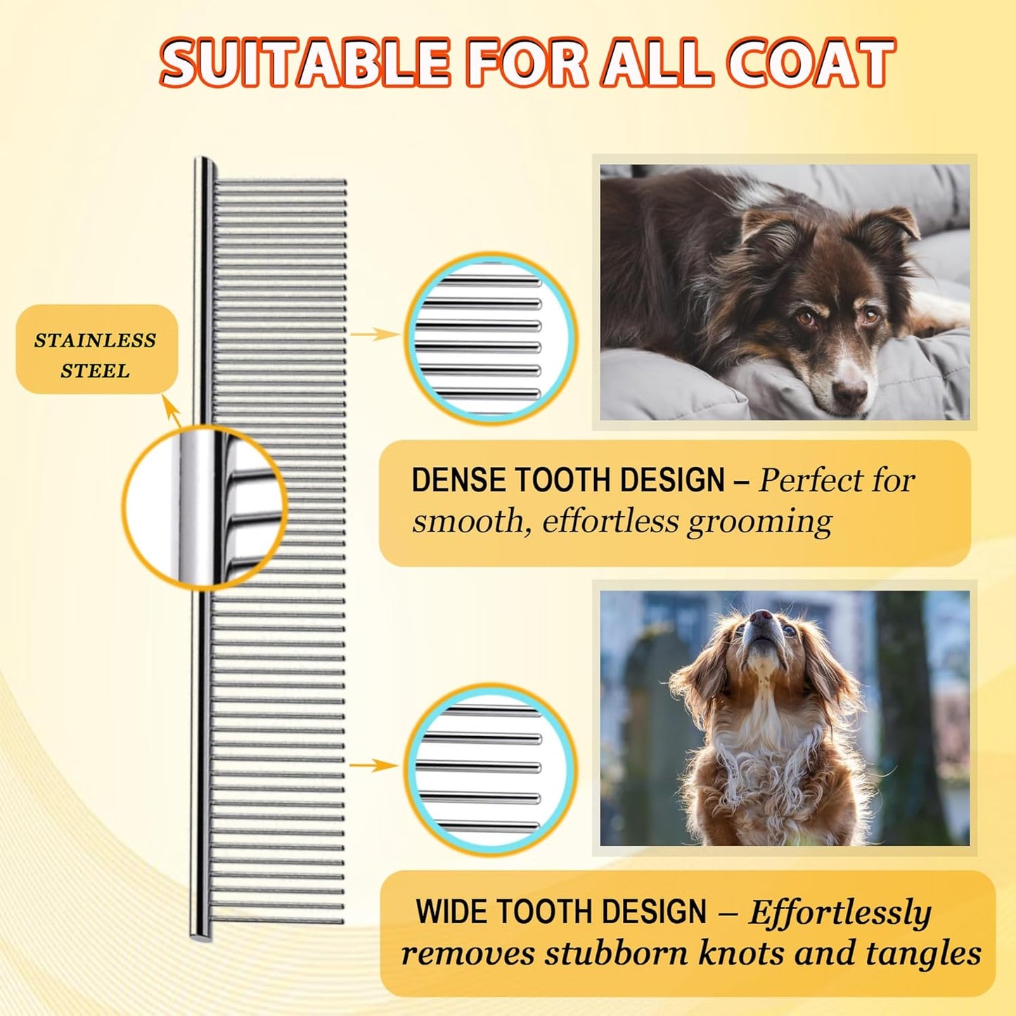 Dog Comb and Cat Combs Stainless Steel Teeth, Grooming Tool for Long & Short Hair, Dematting Comb for Dogs, Removes Tangles & Knots (Large Silver)