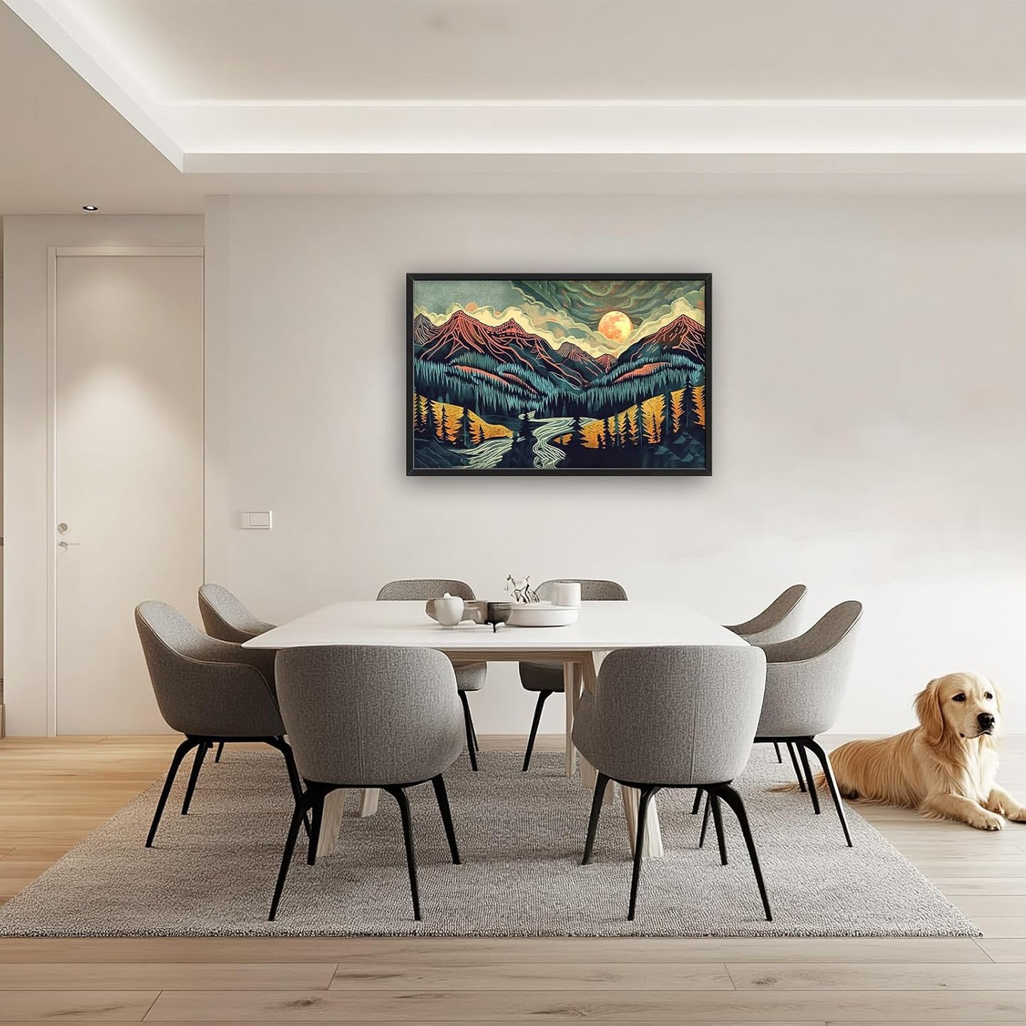 Quorin Boho Mountain Large Wall Art Abstract Pictures Lake Pine Tree Forest Foggy Sunset Wall Decor Nature Landscape Canvas Print Painting Artwork for Bathroom Living Room Bedroom 36L x 24W
