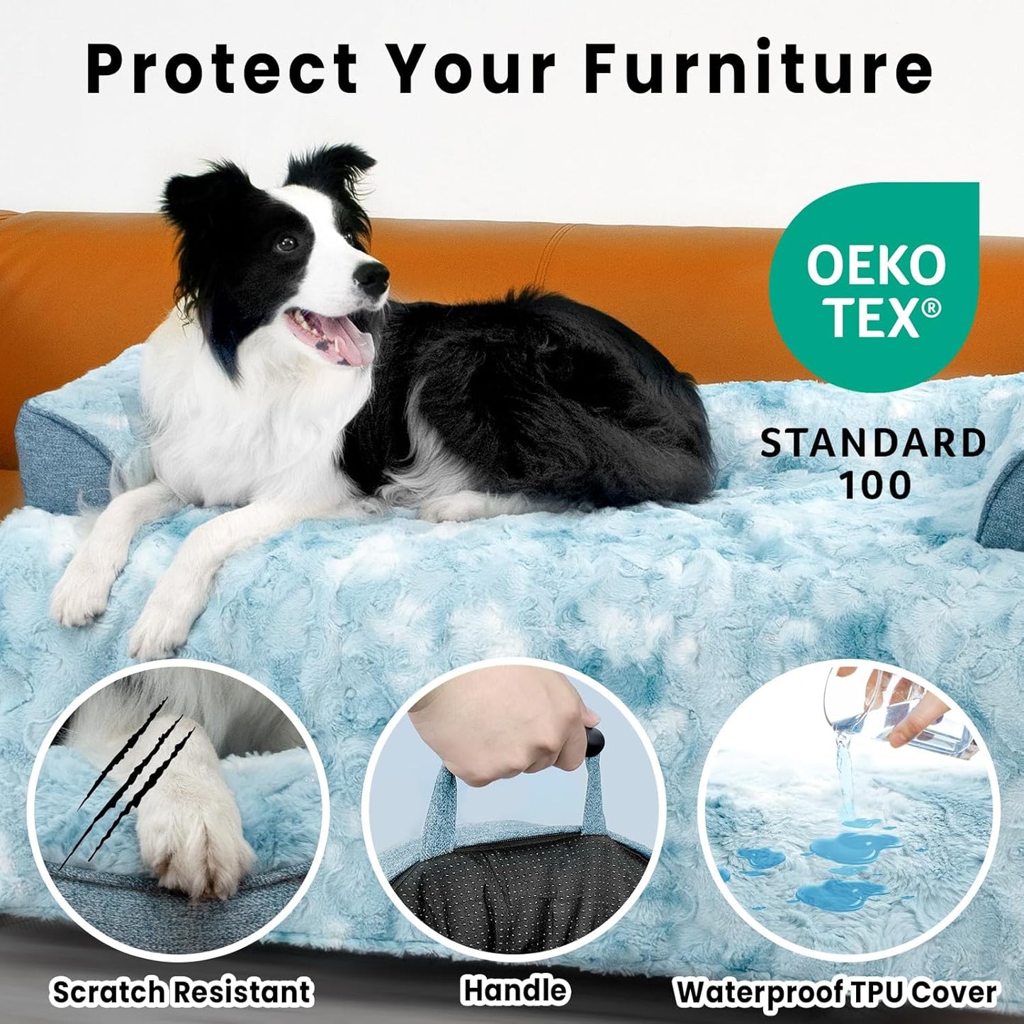 Calming Dog Couch Bed for Large Dogs, 41 x 37 inch Waterproof Removable Pet Mat Couch Cover for Furniture Protector, Non-Slip Fluffy Pelsbarn Dog Bed for Couch, Sofa, Outdoor - Tie-Dye Blue