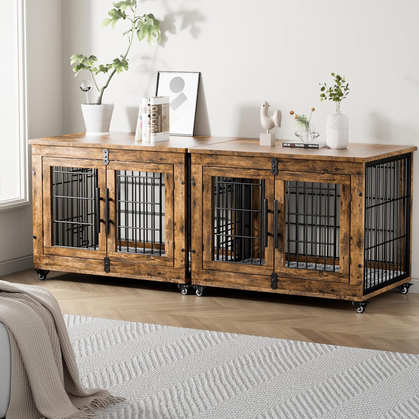 Lulive Dog Crate Furniture, Dog Kennel Indoor Double Doors Wooden Dog Cage, 32'' Heavy Duty Dog Crate with Cushion & Wheels, Decorative End Table Pet House Chew-Resistant for Medium/Small, Brown