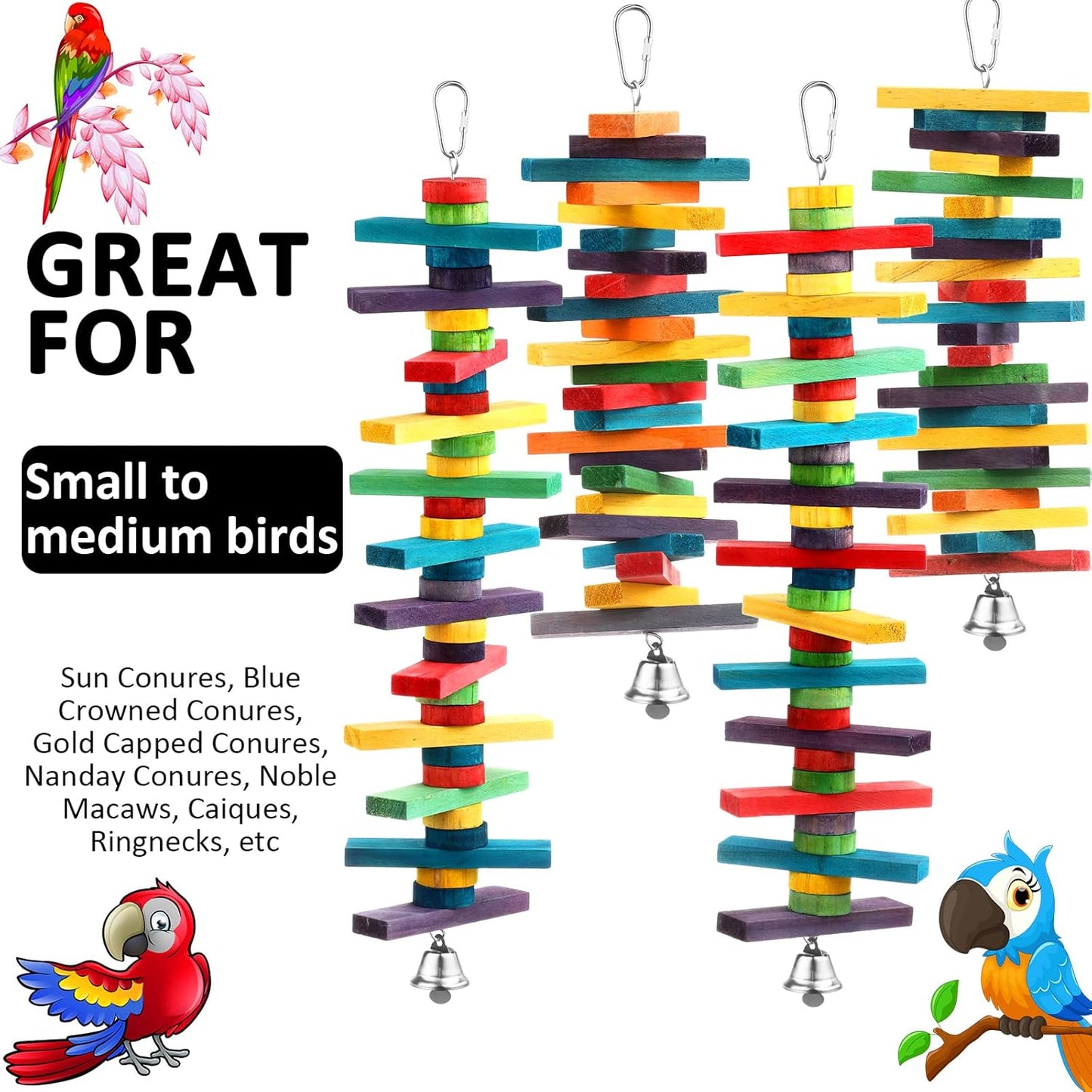 JaGely 4 Pcs Bird Parrot Toys with Multicolored Natural Wood Blocks, Bird Chew Toys for Large Medium Parrots Macaws Lovebirds Doves Cockatiels Conures Parakeets Chewing Biting Foraging, 2 Designs