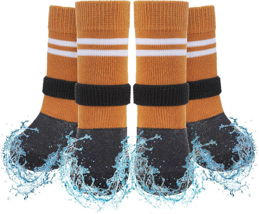 SCENEREAL Anti Slip Dog Boots & Paw Protectors for Hardwood Floor, Extended Dog Socks to Prevent Licking Paws, Waterproof Pet Snow Rain Shoe for Winter Large Senior Dogs, Khaki XL