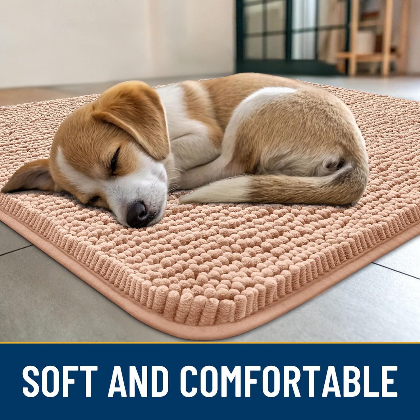 Smiry Dog Door Mat for Muddy Paws 36x24, Absorbs Moisture and Dirt Doormat, Non-Slip Washable Quick Dry Chenille Front Door Mat Indoor Entrance, Entryway Carpet for Inside Floor, Peach