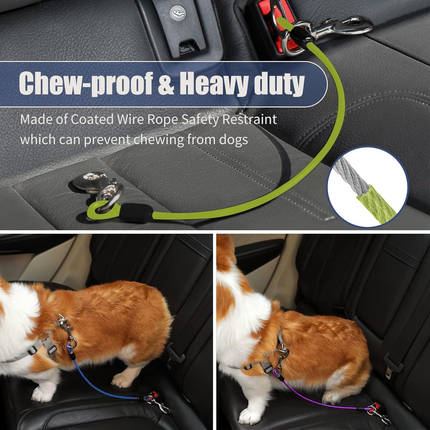 Dog Seat Belt Harness for Car,Dog Seatbelt of Coated Wire Leash Safety Restraint,No Chew Tether Cable Vehicle,Double Clips & Latch(Green, 24 inch/60 CM)
