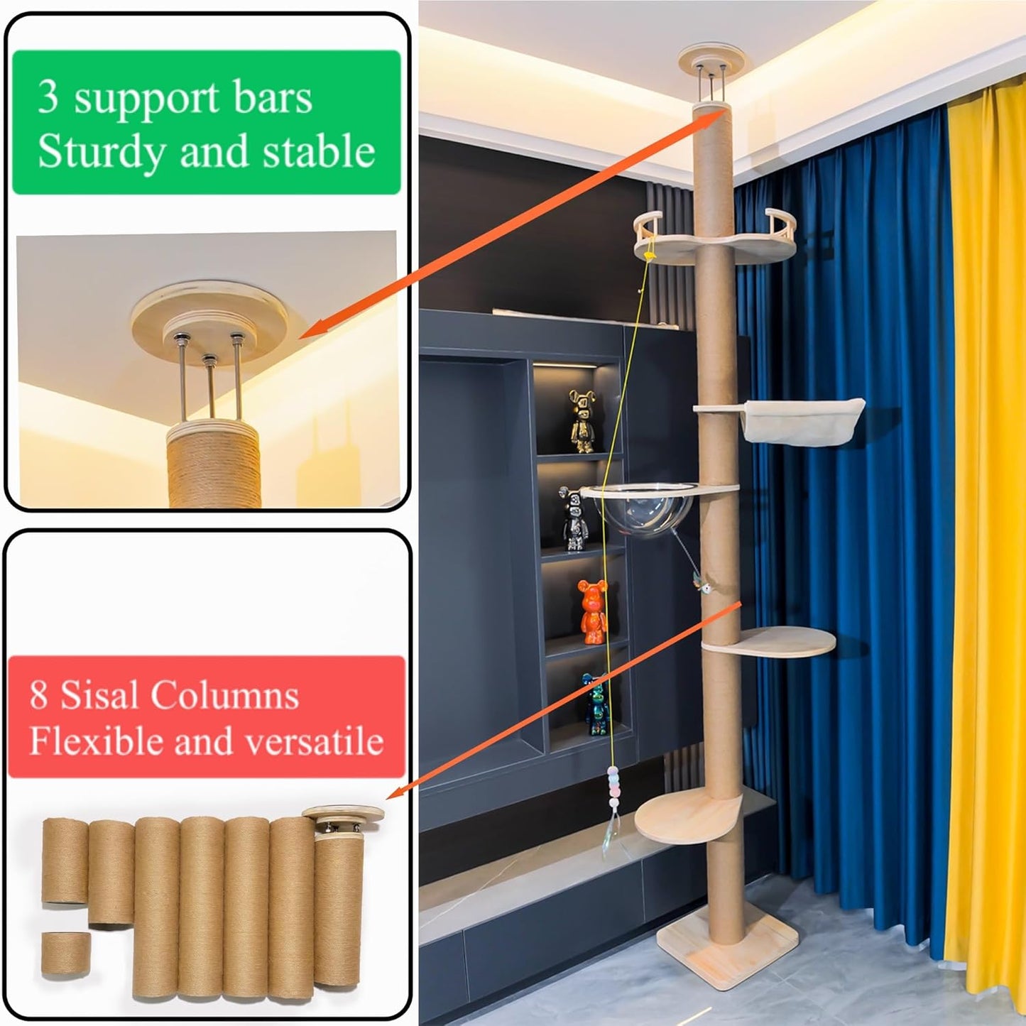 Floor to Ceiling Cat Tree Height (50-120 in) Adjustable Cat Tower 5 Tier Hemp Scratching Post High Cat Tree Sturdy Activity Tree Indoor Outdoor Cat Scratching Post Activity Center