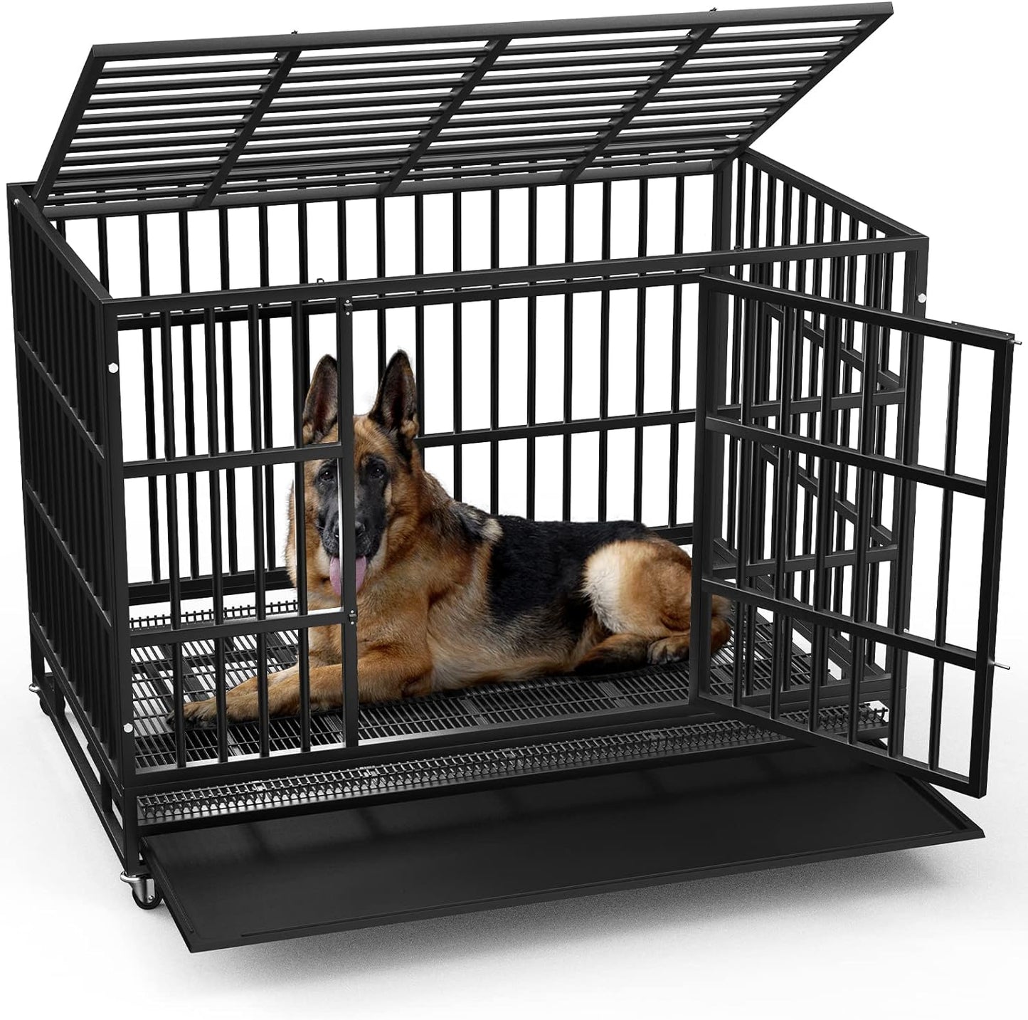 LEMBERI 48/38 inch Heavy Duty Indestructible Dog Crate, Escape Proof Dogs Cage Kennel with Lockable Wheels,High Anxiety Double Door Kennel,Extra Large Crate Indoor for Large Dog with Removable Tray
