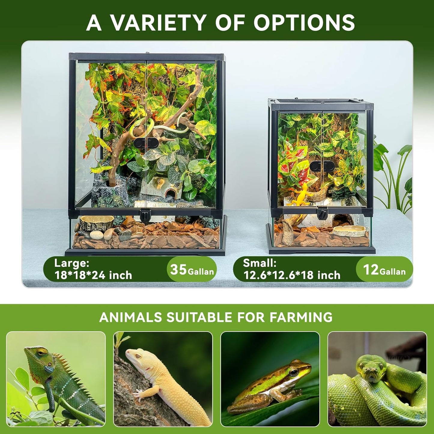 24x18x18'' 35 Gallon Glass Reptile Tank Front Opening Terrarium Suitable for Leopard Geckos, Snakes, Tree Frogs, Chameleons,Watertight Base, Ventilated Metal Mesh Top, Pre-Drilled Cable Holes