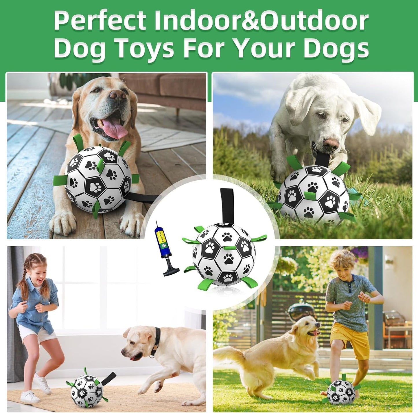 QDAN Dog Toys Extra Large Soccer Ball with Straps, Tug Toy, Water Toy, Durable Dogs Balls World Cup for Large（9 Inch）