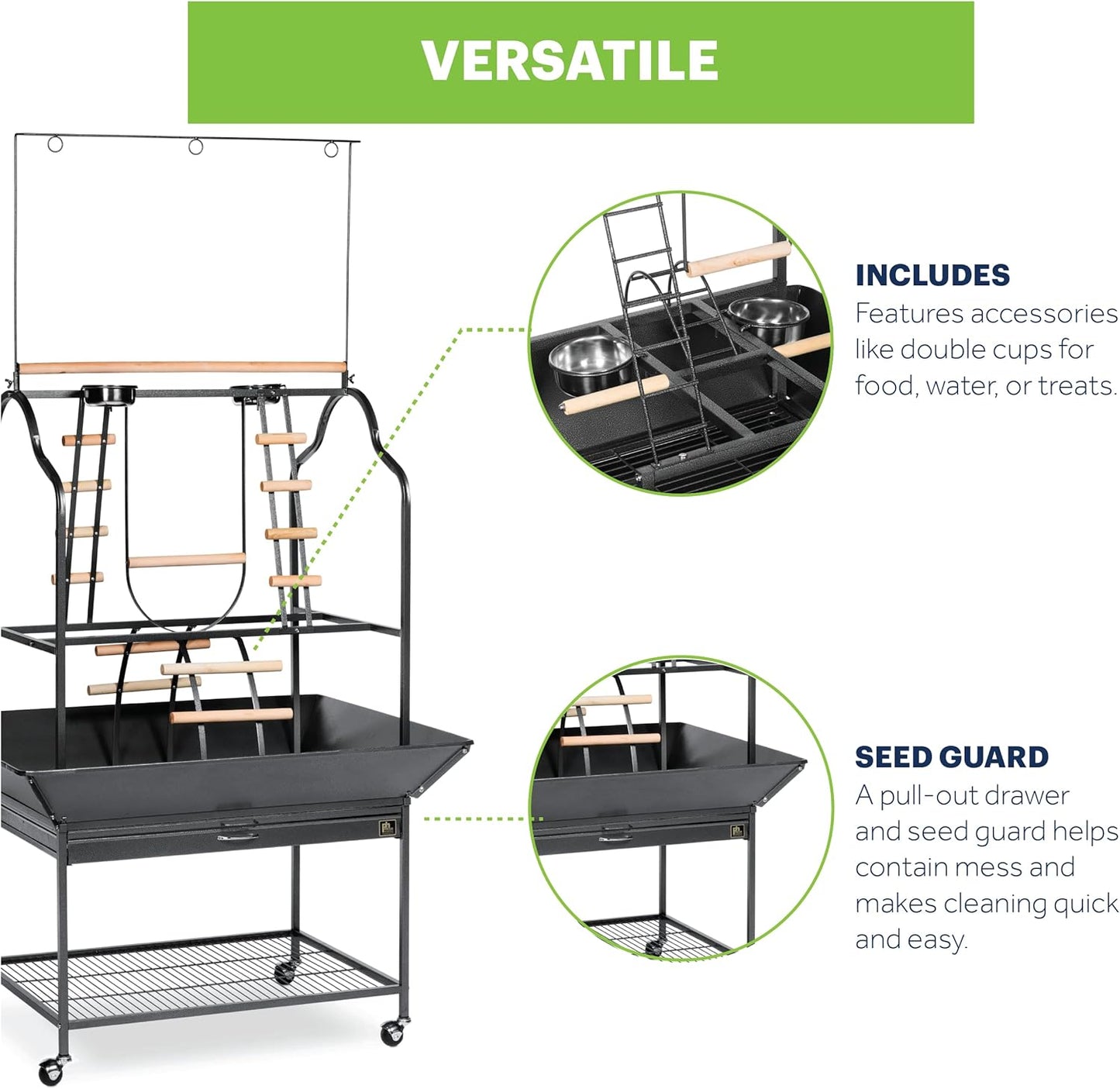 Prevue Pet Products Large Parrot Playstand with Wheels, Bird Stand Activity Play Center with Perches and Ladders, Indoor Outdoor Playground for Birds, Black Hammertone Finish