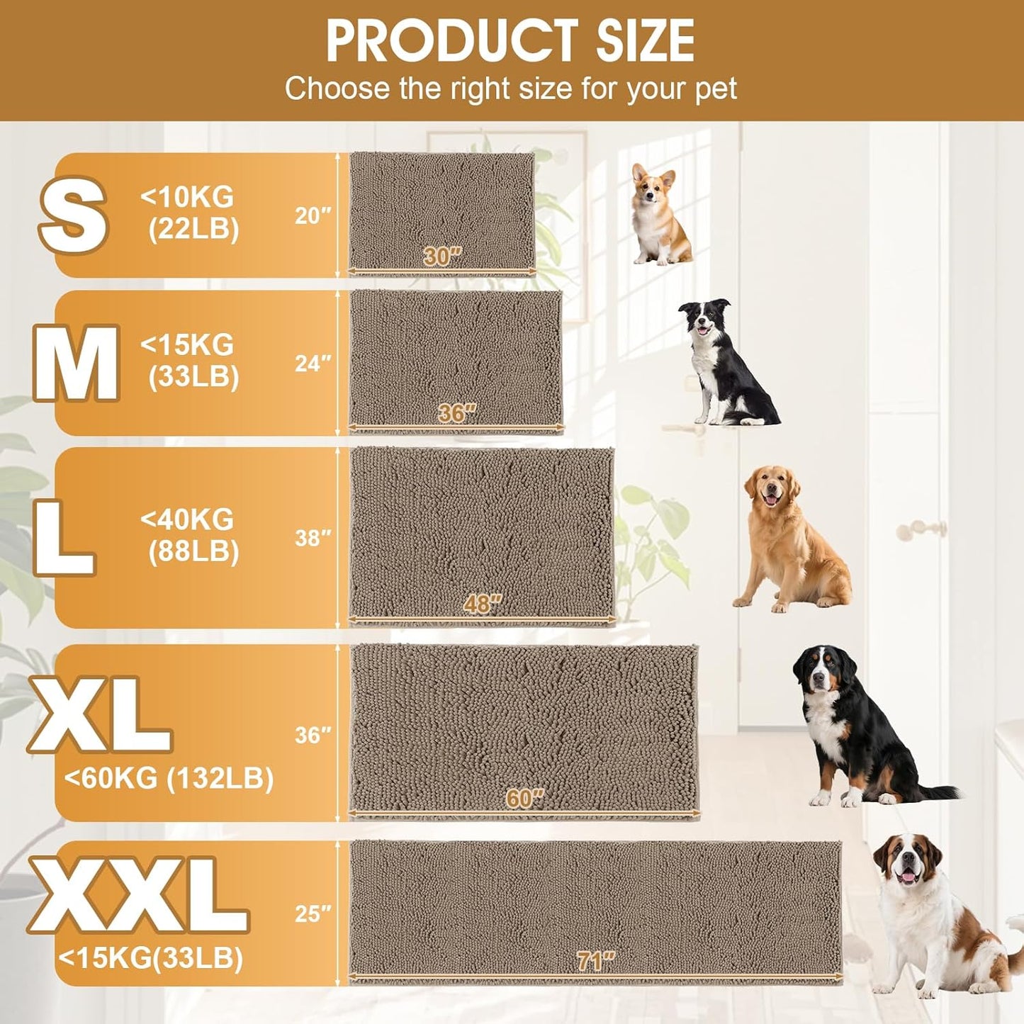 Dog Door Mats for Muddy Paws, Chenille Absorbent Dog Mats, Non Slip Heavy Mud Mat for Dogs, Soft Pet Mat for Entryway, Mud Paws, Inside Floor,36" x 24", Beige