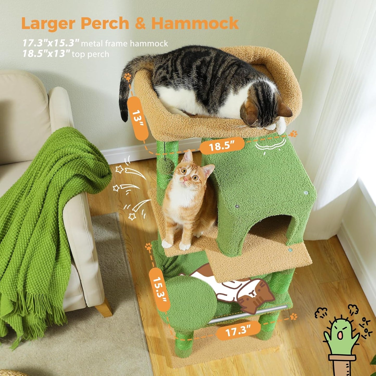 PETEPELA 56.3'' Tall Cat Tree for Indoor Cats, Cactus Cat Tower with Super Large Hammock (20''X16''), Sisal Covered Scratching Posts, Cozy Condo and Top Perch Green