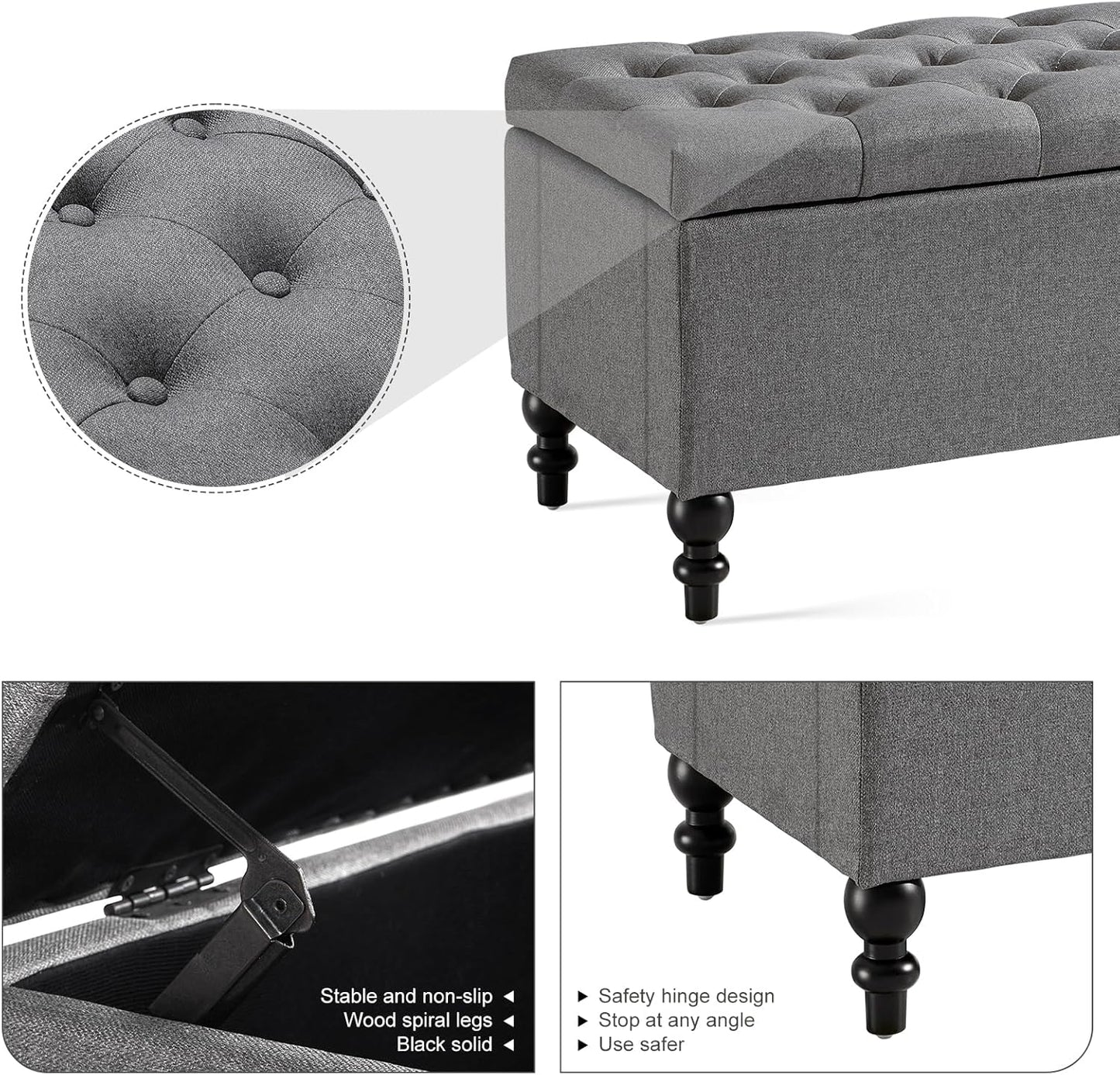 Ottoman with Storage,50.2-inch Upholstered End of Bed Storage Bench for Bedroom,for The Living Room,for Entryway, with Tray & Button and Safety Hinges,Detachable (Grey)