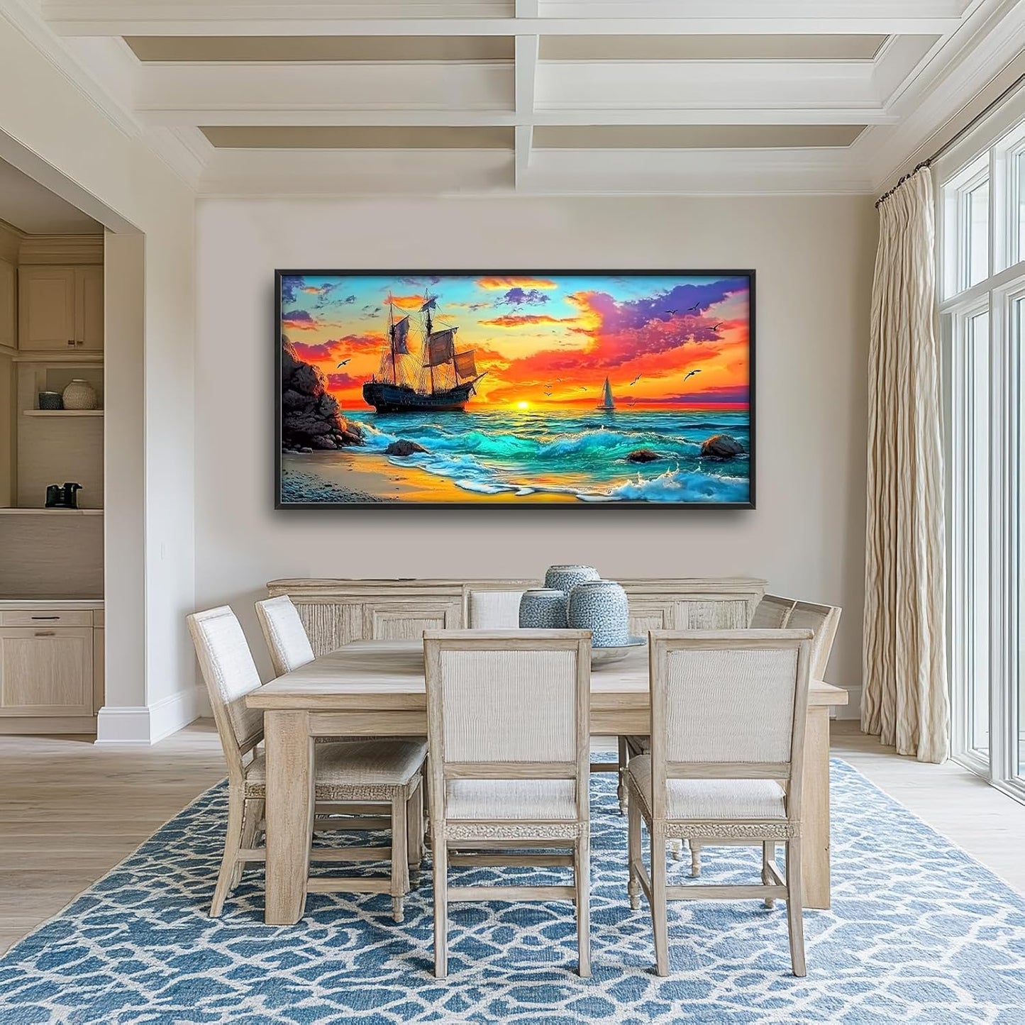 Framed Large Ship Wall Art for Living Room, Oversized Coastal Beach Boat Wall Decor Nautical Seascape Sailboat Canvas Painting Modern Artwork Home Decoration for Living Room Bedroom 60"x30"