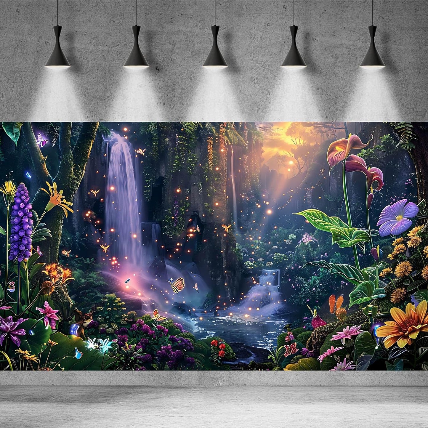 Fantasy Garden Aquarium Background Sunset Waterfall and Flowers Terrarium Backdrop Tropical Forest Lush Plant Magic Butterfly Lights Flowers Fish Tank Background Poster Decorations 30x12in
