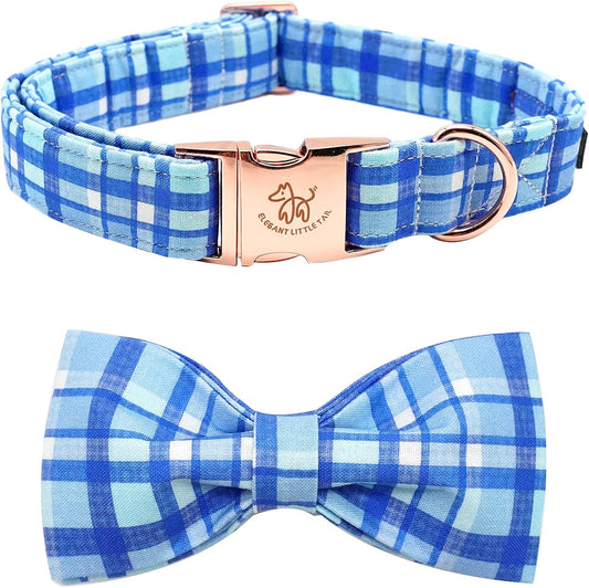 Elegant little tail Dog Collar with Bow - Blue Plaid Boy Dog Collar Cute Bowtie Pet Collar Adjustable Dog Collar for X-Small Puppy and Cat