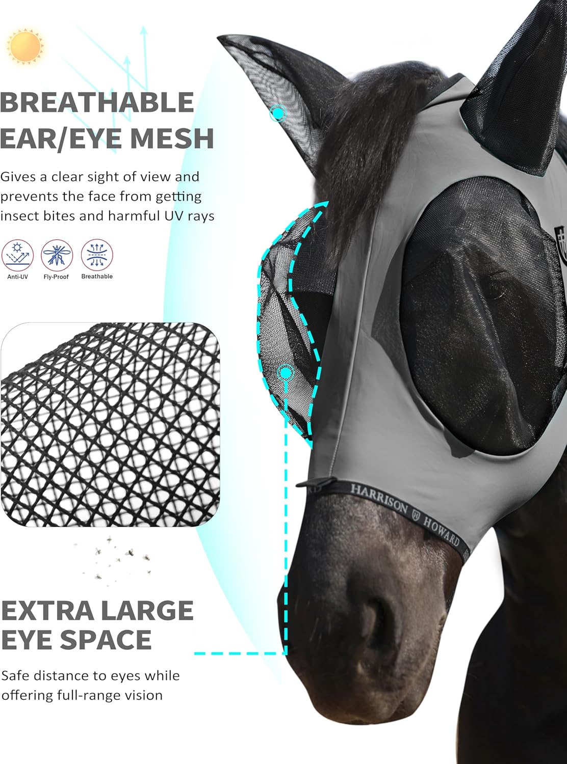 Harrison Howard Horse Fly Mask with Forelock Opening Stretch Breathable and Comfortable for Horses UV -Protection Grey L
