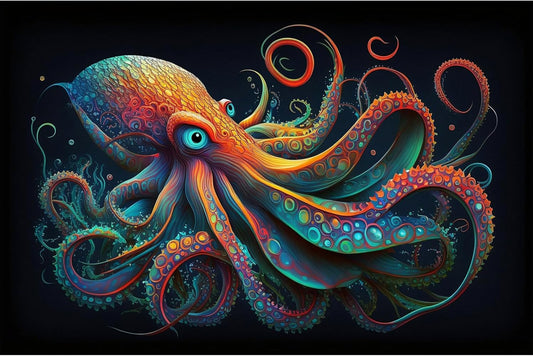 Octopus Aquarium Background Abstract Colorful Octopus Terrarium Background Glowing Octopus on Black Background Fish Tank Backdrop Poster Wallpaper Decorations Vinyl 48x18in