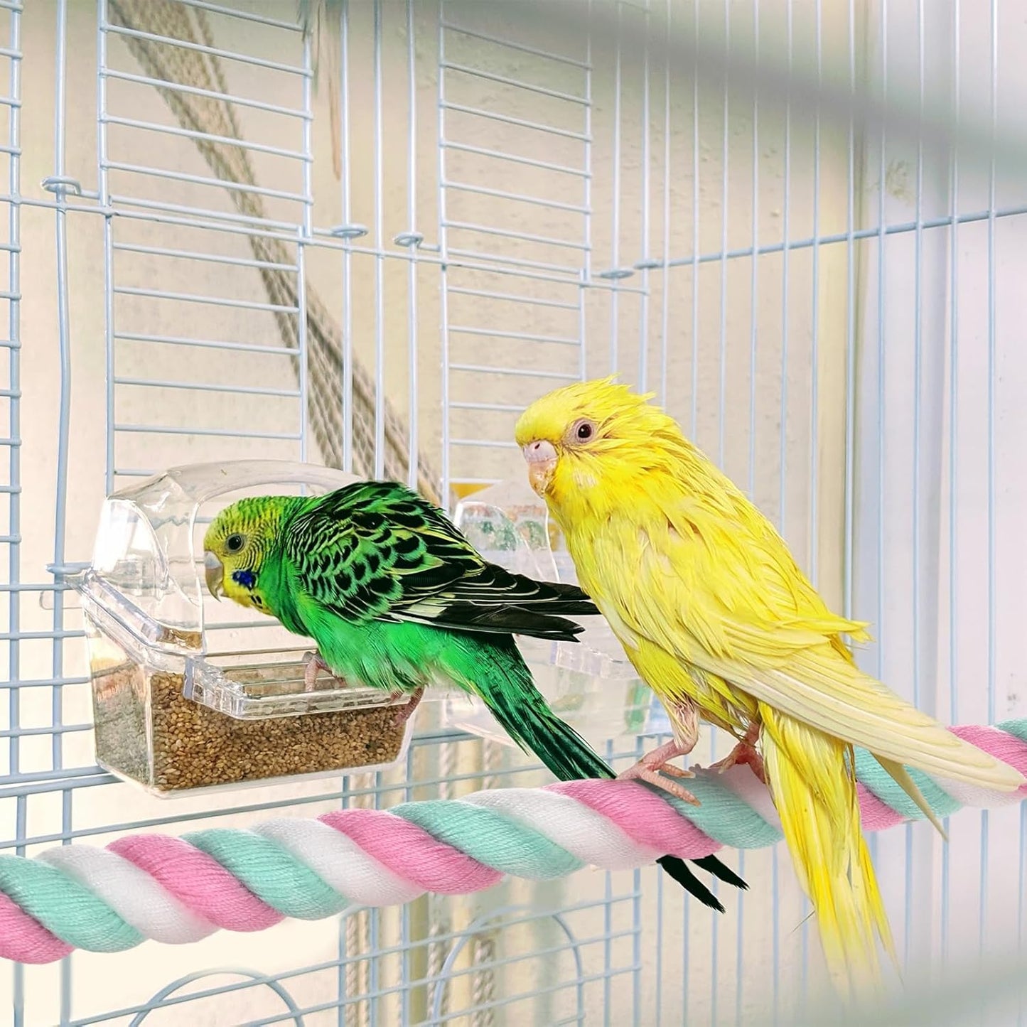 1-Set Rope Perches for Bird Cages, 13.8 & 31.5 in Length Comfort Grip Flexible Rope Perch Beak & Paw Grinding for Parrots/Cockatiels/Parakeets, Bird Platform Sand [Pink Cyan]