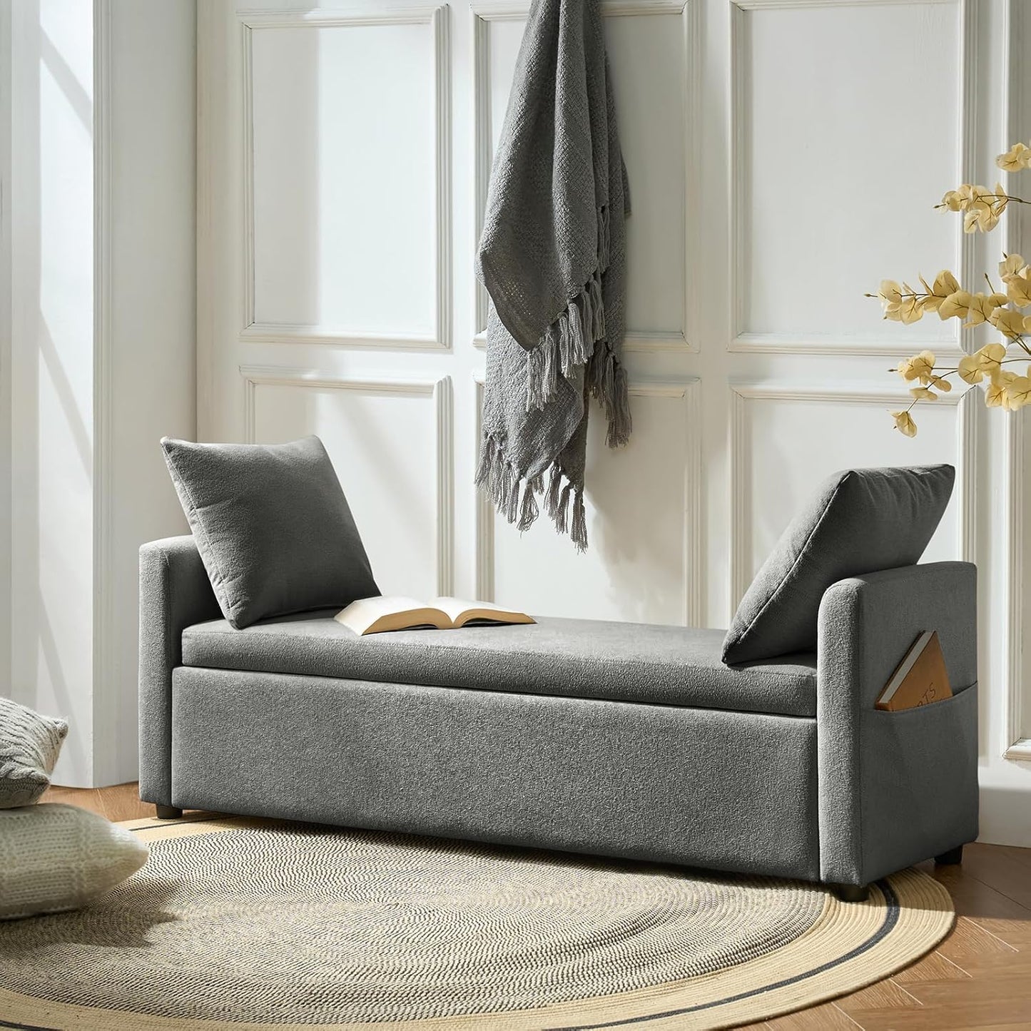 HULALA HOME Modern Storage Ottoman Bench with Throw Pillows, 59" Extra Long End of Bed Bench with Storage Pocket, Comfy Upholstered Footstool for Bedroom Entryway Living Room, Charcoal