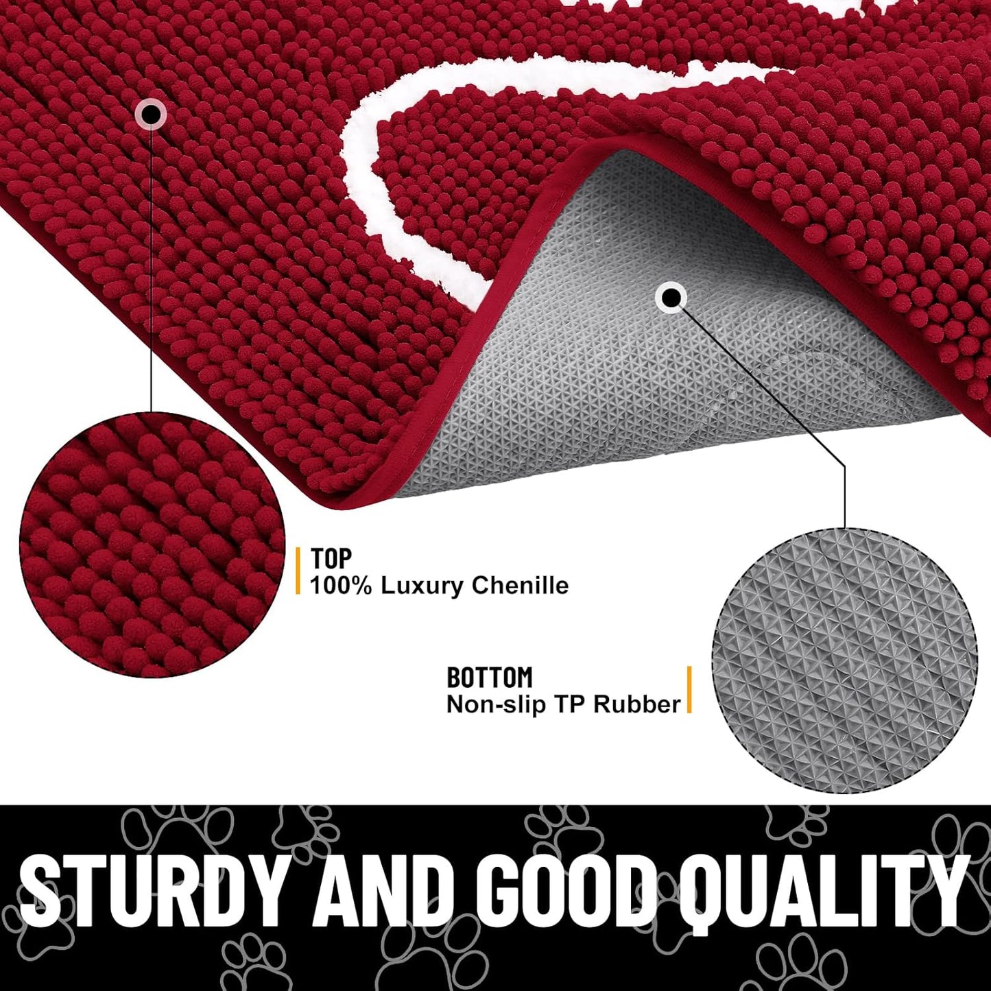 Smiry Dog Door Mat for Muddy Paws, Absorbent Dirt Trapper Non Slip Quick Dry Washable Chenille Mat for Mud Dogs, Entry Rug for Indoor and Outdoor (30x20 Inches, Red)