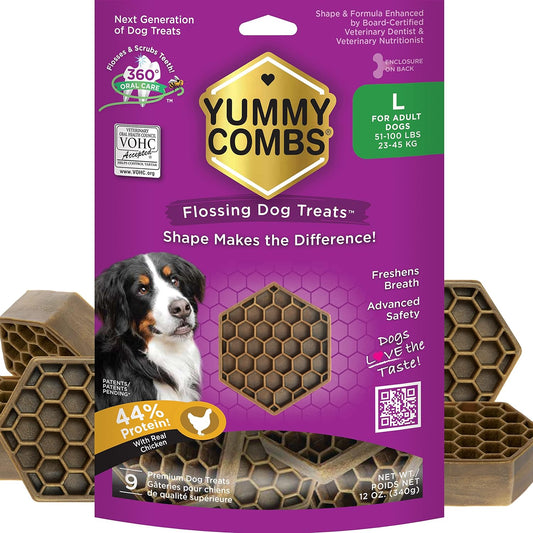 Dog Dental Treats – Vet VOHC Approved – Delicious Chicken Protein – Removes Tartar with Cleaning Comb Shape – Dental Dog Treats for Large Dogs (12oz, 9 Count)
