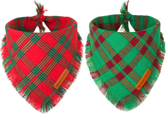 ADOGGYGO Christmas Dog Bandanas with Tassels, Red Green Plaid Pet Xmas Scarf Bib, Multiple Sizes, Christmas Bandana for Extra Large Dogs Pets (X-Large)