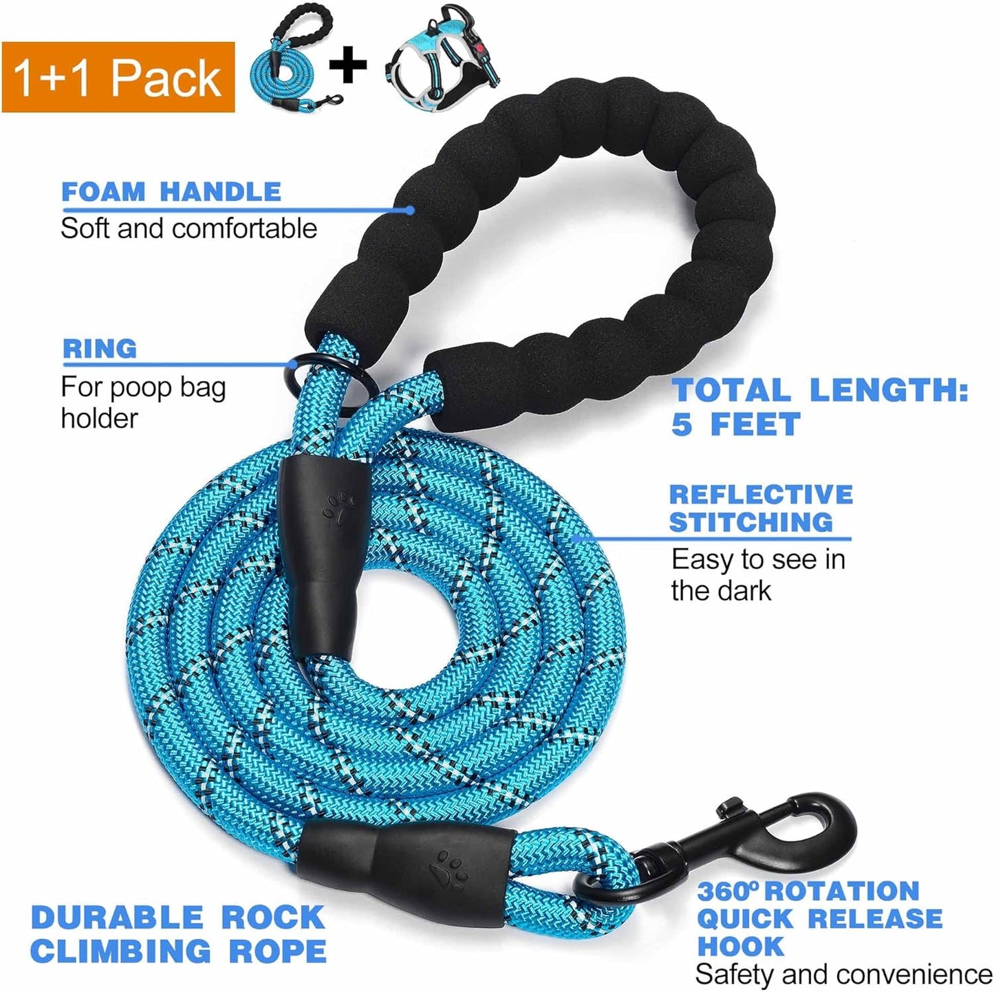 No Pull Dog Harness Adjustable Reflective Oxford Easy Control Medium Large Dog Harness with A Free Heavy Duty 5ft Leash