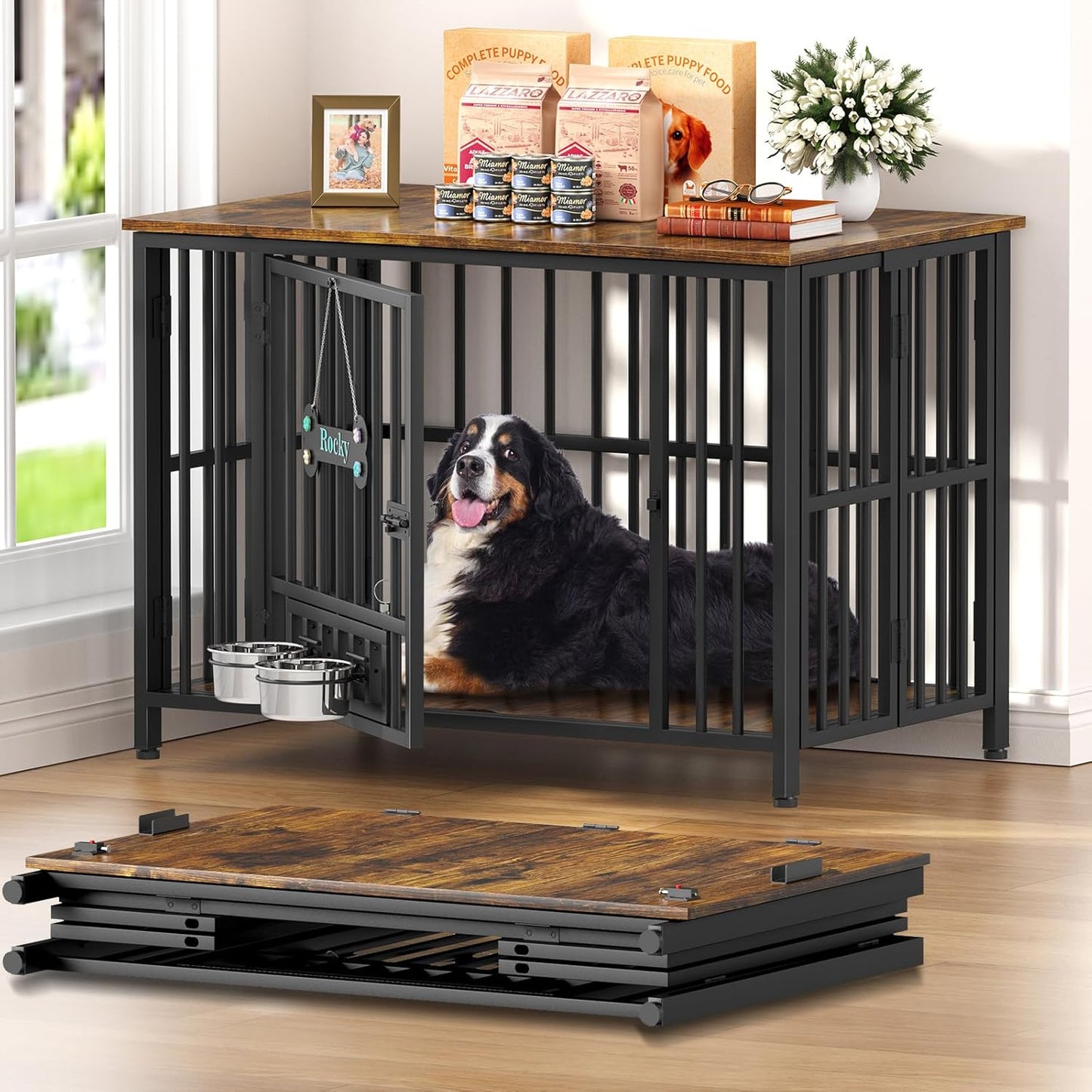 Easycom 41" Dog Crate Furniture Foldable, No Assembly Decorative Dog Kennel Indoor, Dog Crates for Large Dogs (40–65 lbs), Wooden Dog Cage with Adjustable Bowls and Name Tag, End Table, Rustic Brown