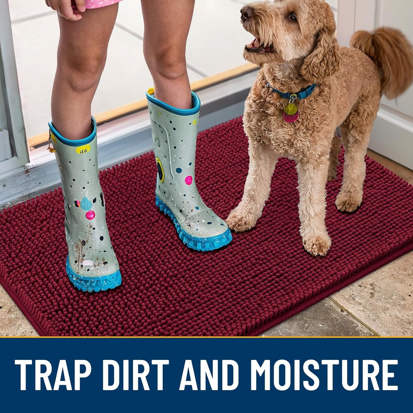 Smiry Dog Door Mat for Muddy Paws 71x46, Absorbs Moisture and Dirt Doormat, Non-Slip Washable Quick Dry Chenille Front Door Mat Indoor Entrance, Entryway Carpet for Inside Floor, Burgundy
