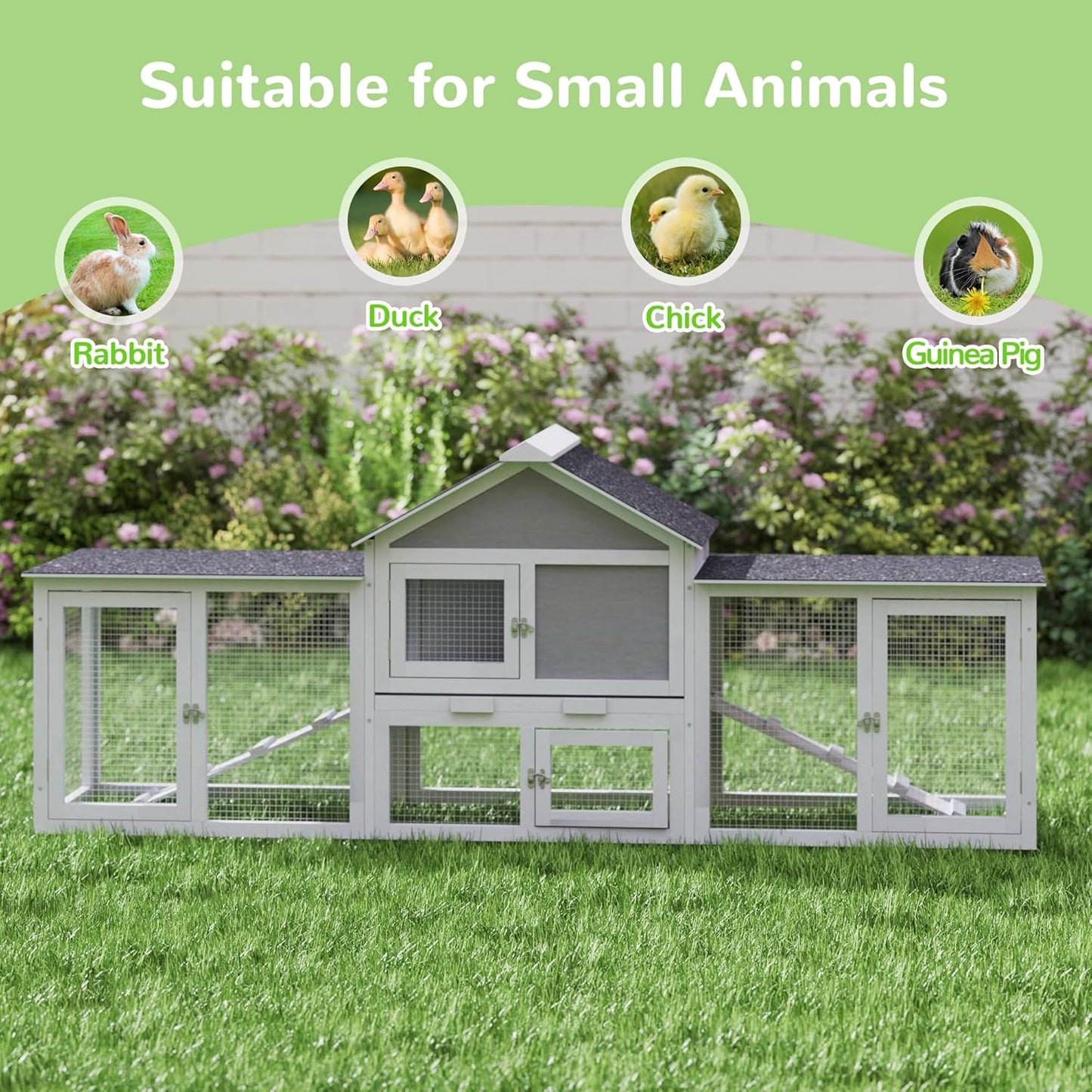 82.5” Large Wooden Rabbit Hutch Outdoor Easy to Assemble Rabbit Cage and Durable Bunny Hutch Indoor with Cleaning Tray & Waterproof Roof for Small and Medium Bunny Rabbit Chick (Grey)