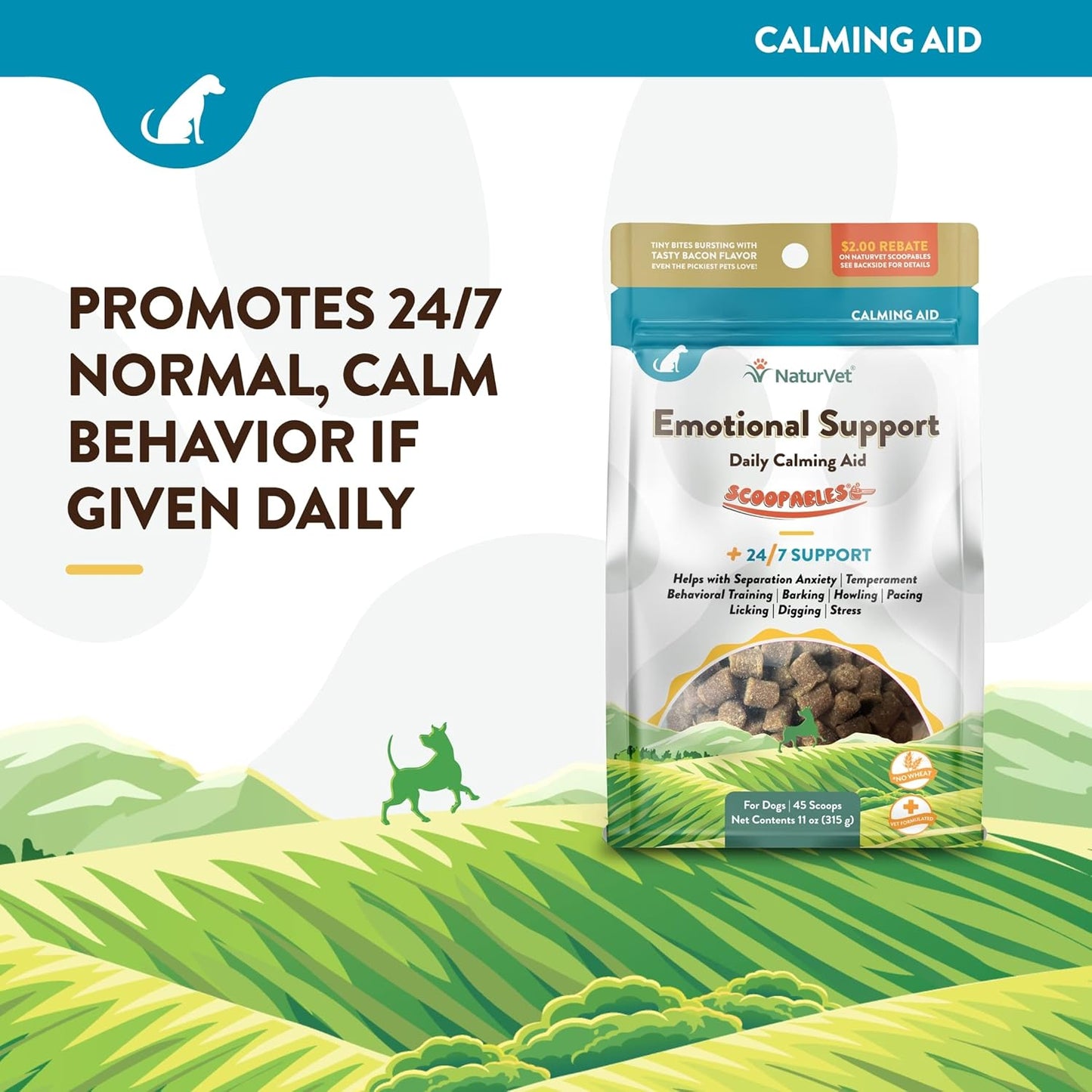 NaturVet Scoopables Emotional Support for Dogs - Daily Calming Aid Promotes 24/7 Normal, Calm Behavior - Hickory Smoked Bacon Flavored | 11oz Bag