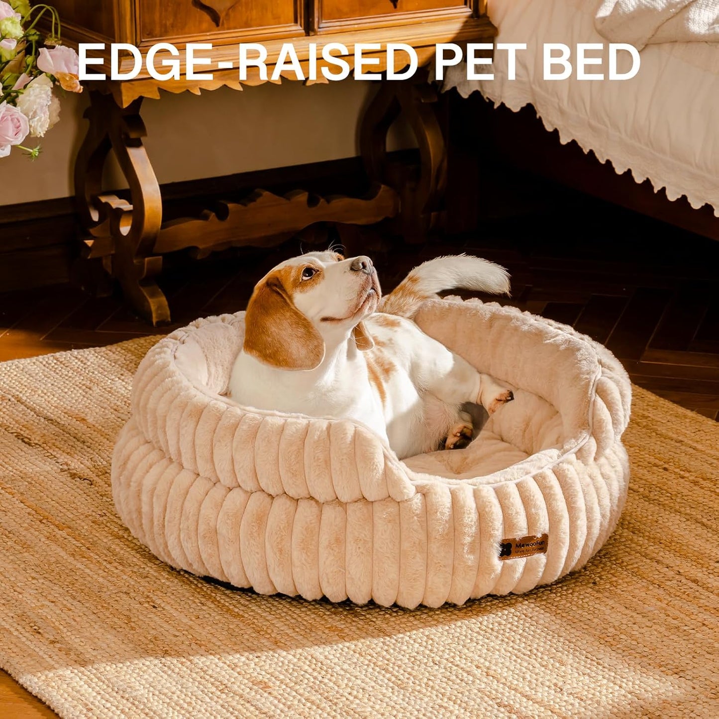 MEWOOFUN Washable Small Dog Bed, Cat Beds for Indoor Cats with Anti-Slip Bottom, Round Pet Bed for Puppy and Kitten (Camel, 24"x24"x9")