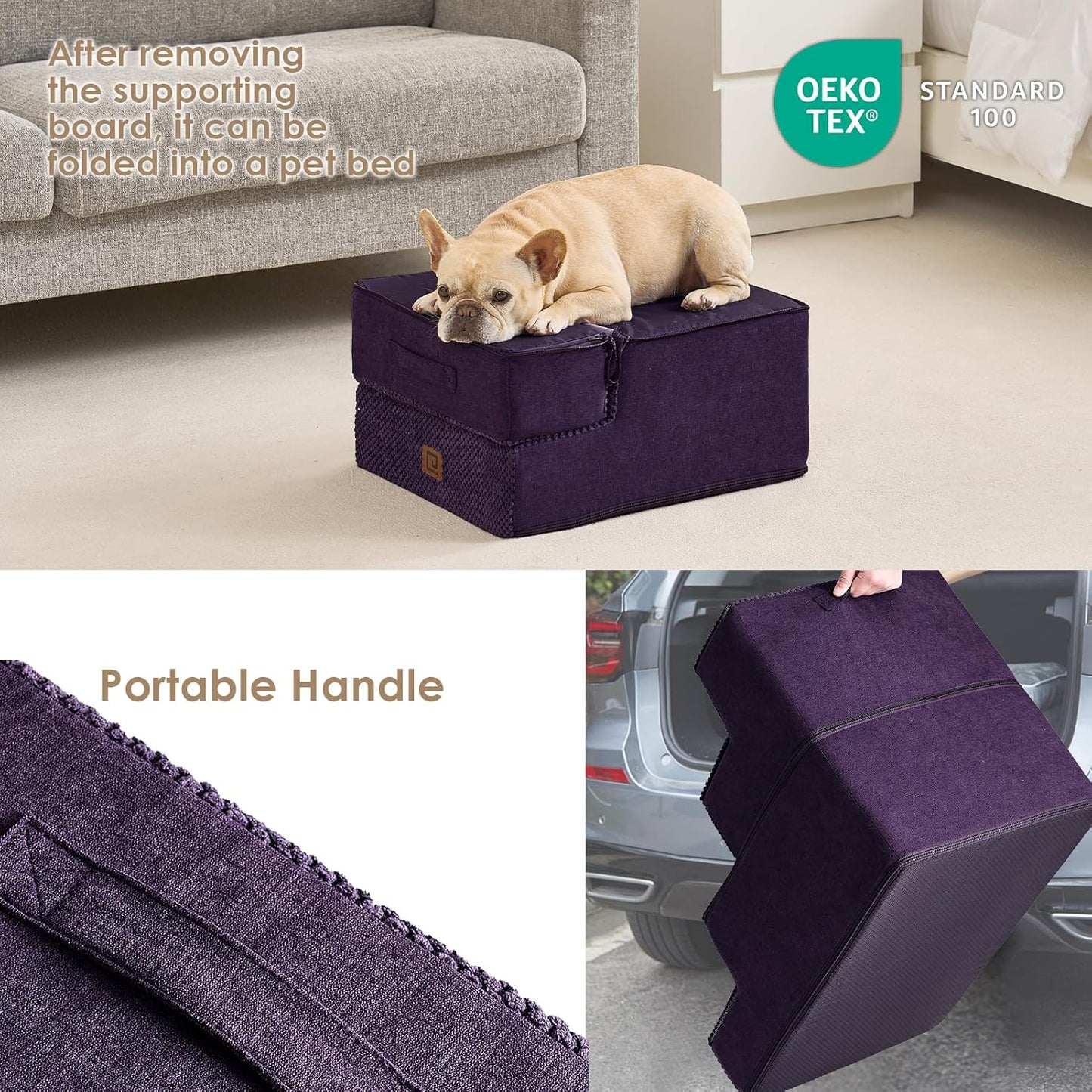EHEYCIGA Dog Stairs for Small Dogs 13.5" H, 3-Step Dog Steps for Couch Sofa and Chair, Pet Steps for Medium Cats, Non-Slip Balanced Pet Ramp Indoor, Purple