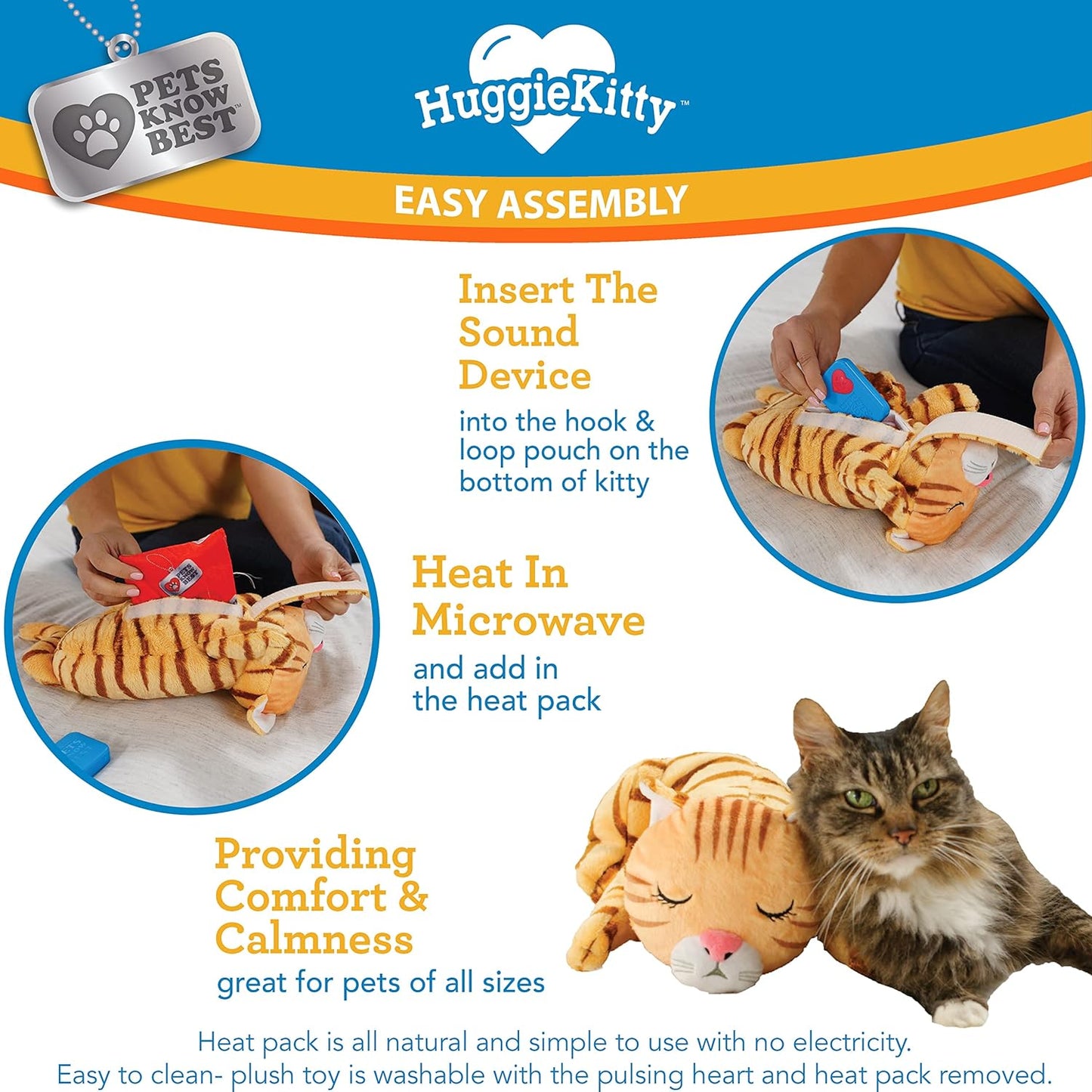 Pets Know Best HuggieKitty | Comfort Purring Companion with Heartbeat Sleep Aide for Cats & Kittens, Heating for Calming Relief, Carrier & Behavioral Training Essential, Breeds, Orange