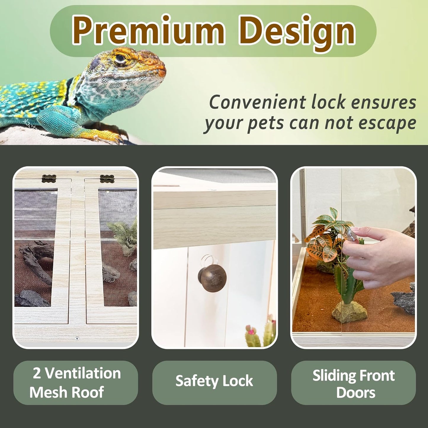 PROLEE Tempered Glass Reptile Enclosure with Leg,40“ Scratch-Proof Bearded Dragon Tank,62 Gallon Lizard Tank with Metal Mesh Tops and Lockable Door,Spacious Reptile Habitat for Snake,Lizard (Oak)