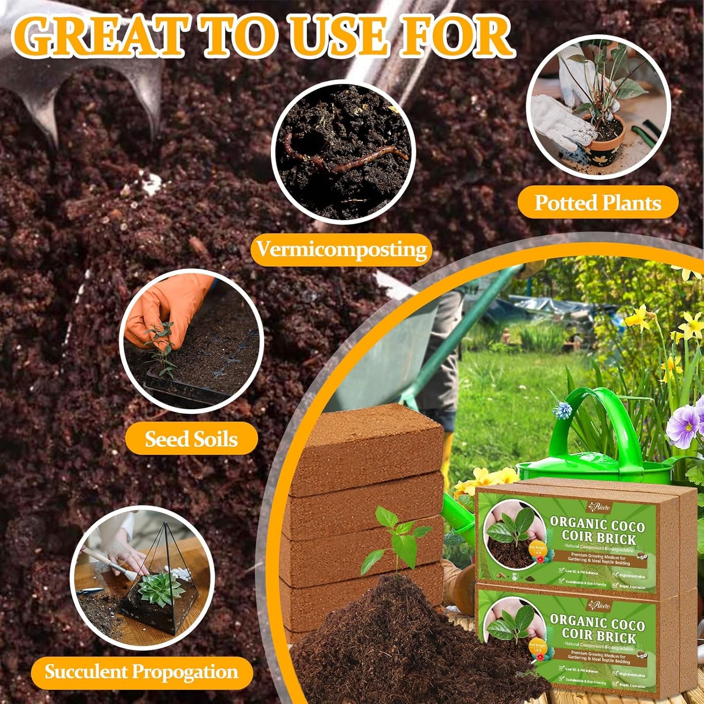 Riare 2pcs Organic Coco Coir Bricks Soil Blocks- 100% Natural Compressed Coco Peat Brick Coconut Fiber Substrate with Low EC& pH Balance, High Expansion Coco Coir Pith Coconut Husk for Garden