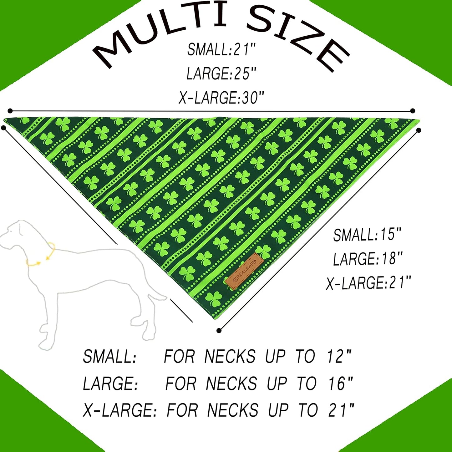 Realeaf St. Patrick's Day Dog Bandanas 2 Pack, Reversible Green Shamrock Pet Scarf for Boy and Girl, Premium Durable Fabric, Holiday Bandana for Small Medium Large and Extra Large Dogs (Large)