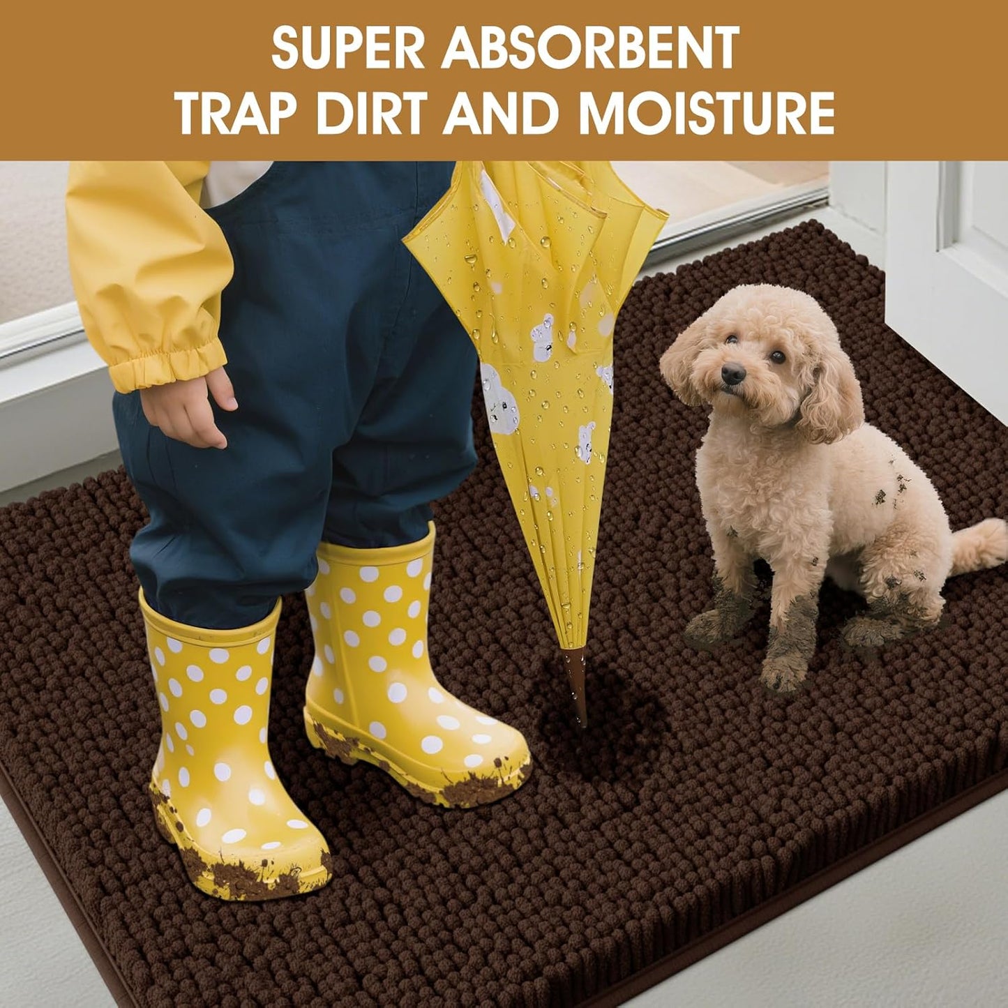 Dog Door Mats for Muddy Paws, Chenille Absorbent Door Mats, Non Slip Heavy Mud Mat for Dogs, Soft Indoor Door Mat for Entryway, Mud Paws, Inside Floor,36" X 24", Brown