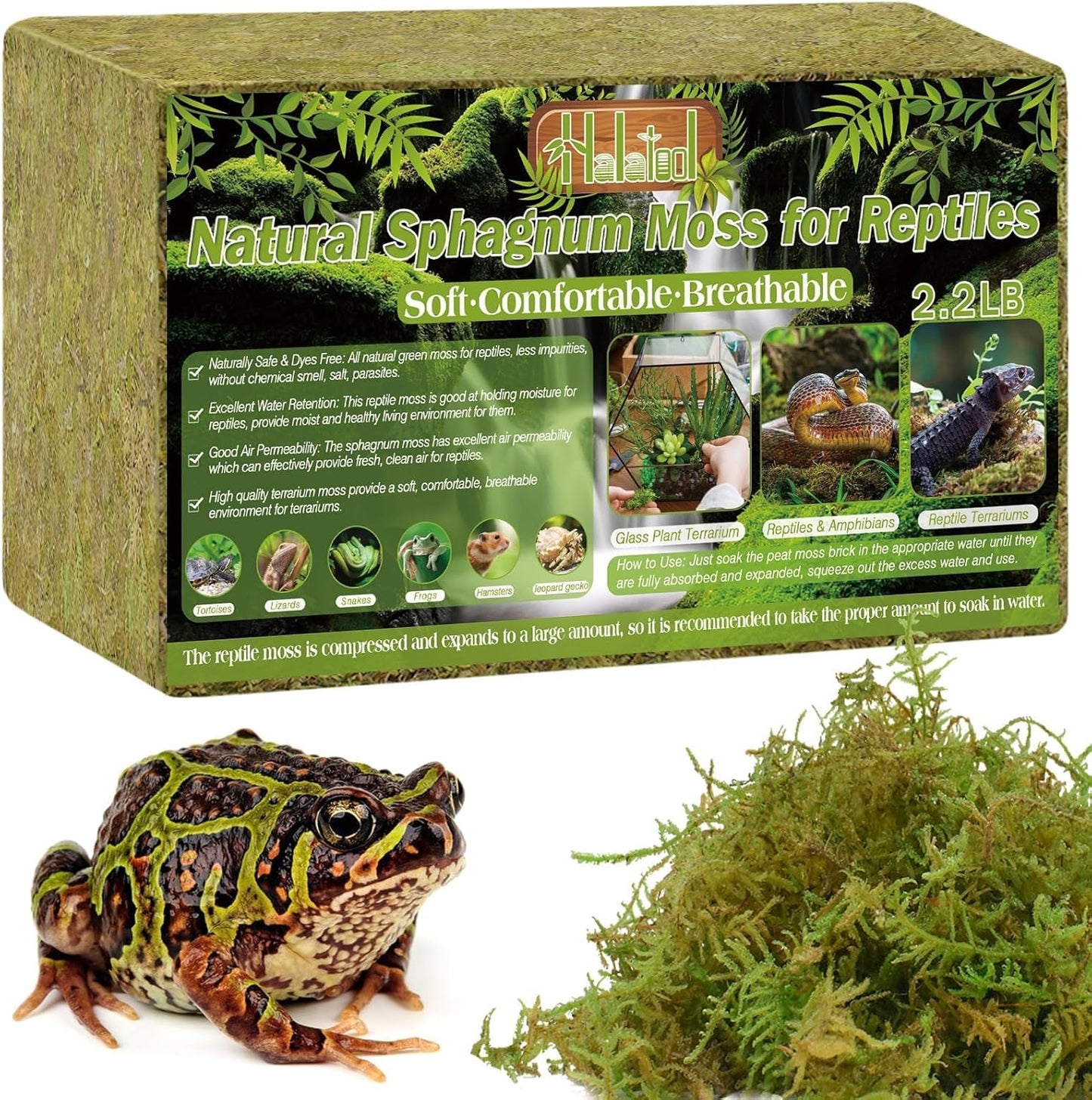 Halatool 2.2LB Natural Sphagnum Moss for Reptiles- 50QT Green Live Moss for Terrarium Plants Long Fiber Reptile Moss for Leopard Gecko Snake Hamsters Tortoises Frogs Lizards Salamanders