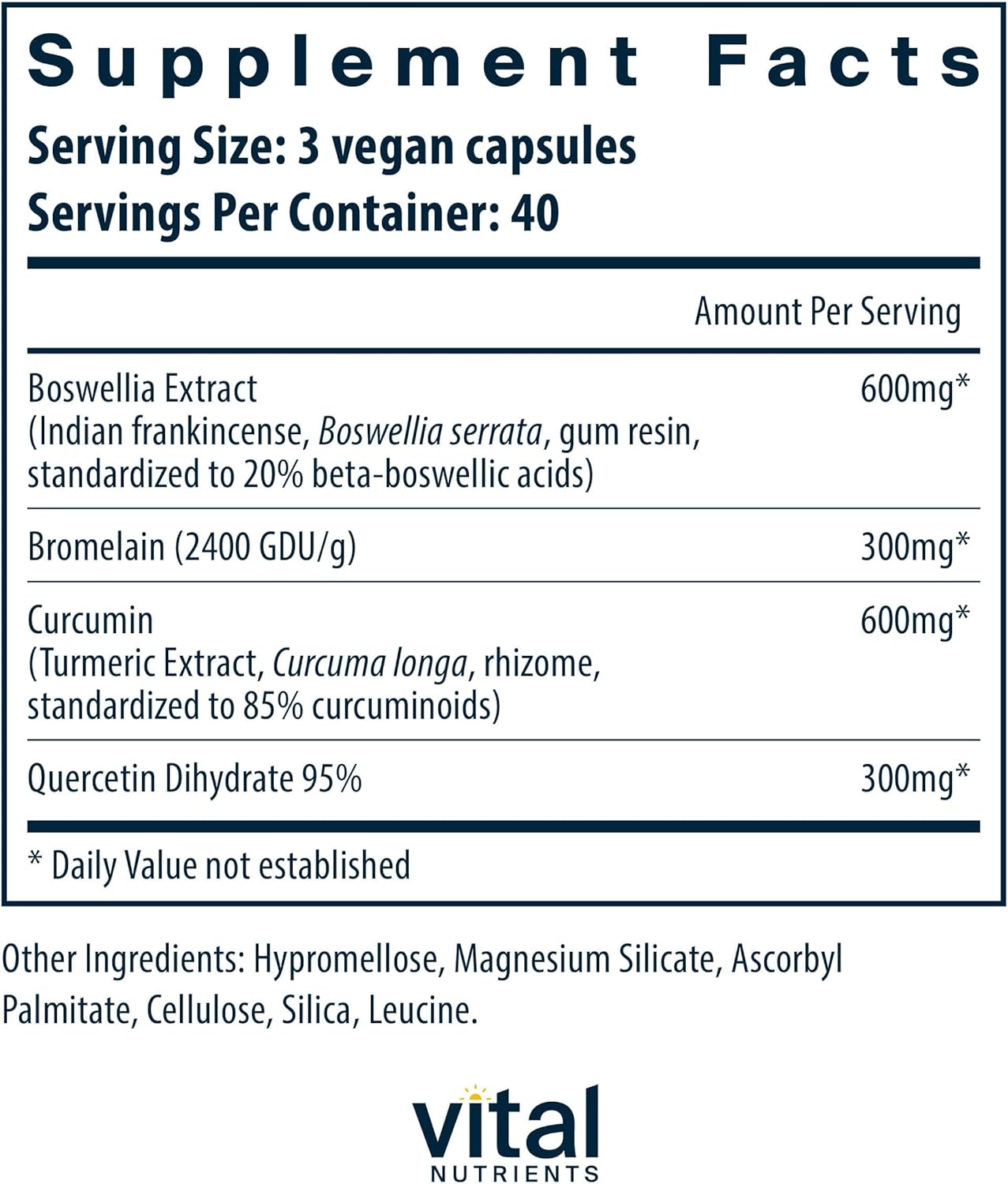 Vital Nutrients BCQ | Vegan Boswellia, Bromelain, Curcumin & Quercetin Supplement | Joint Support Supplement | Supports Sinus & Digestive Health | Gluten, Dairy, Soy Free | 120 Capsules