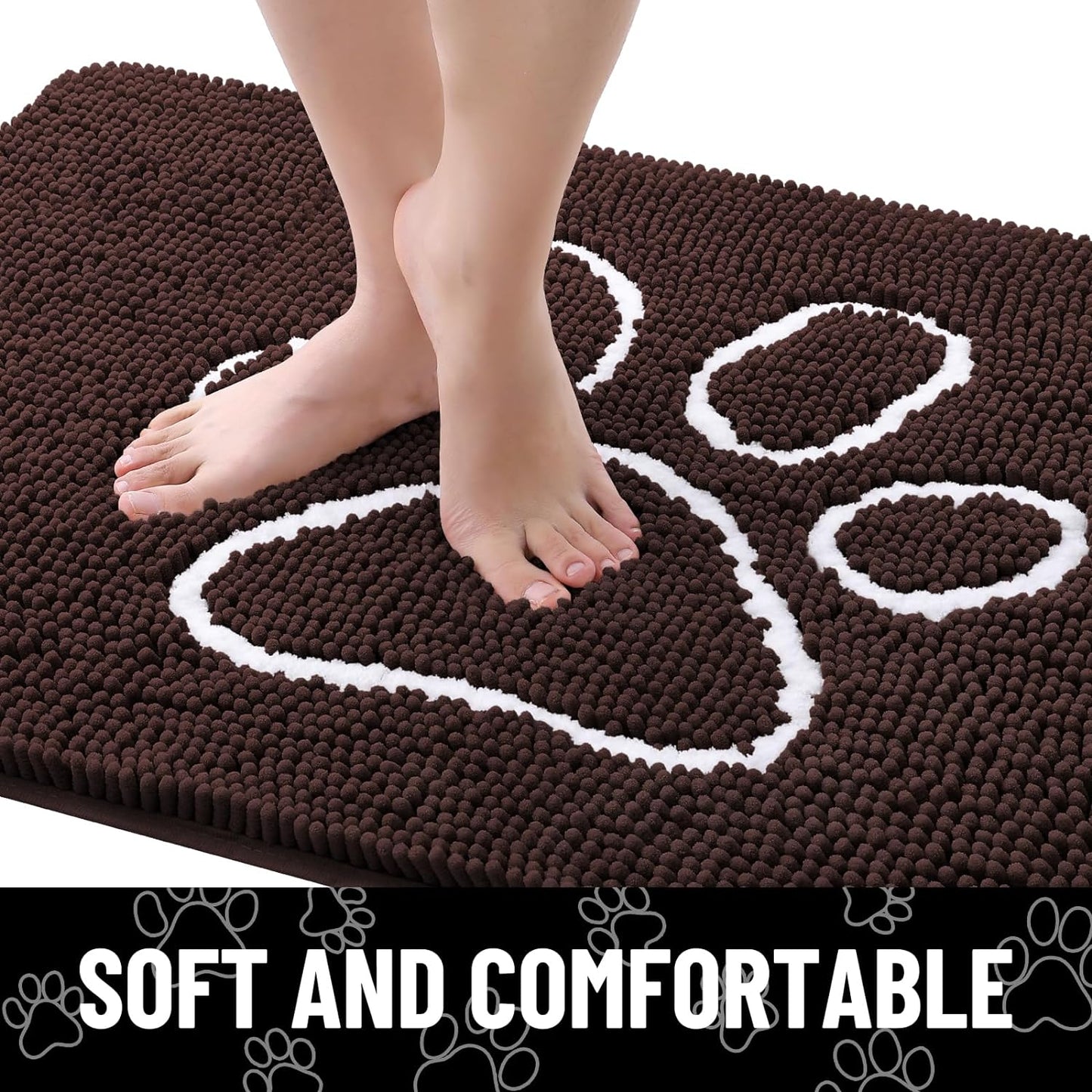 Smiry Dog Door Mat for Muddy Paws, Absorbent Dirt Trapper Non Slip Quick Dry Washable Chenille Mat for Mud Dogs, Entry Rug for Indoor and Outdoor (70x24 Inches, Brown and White)