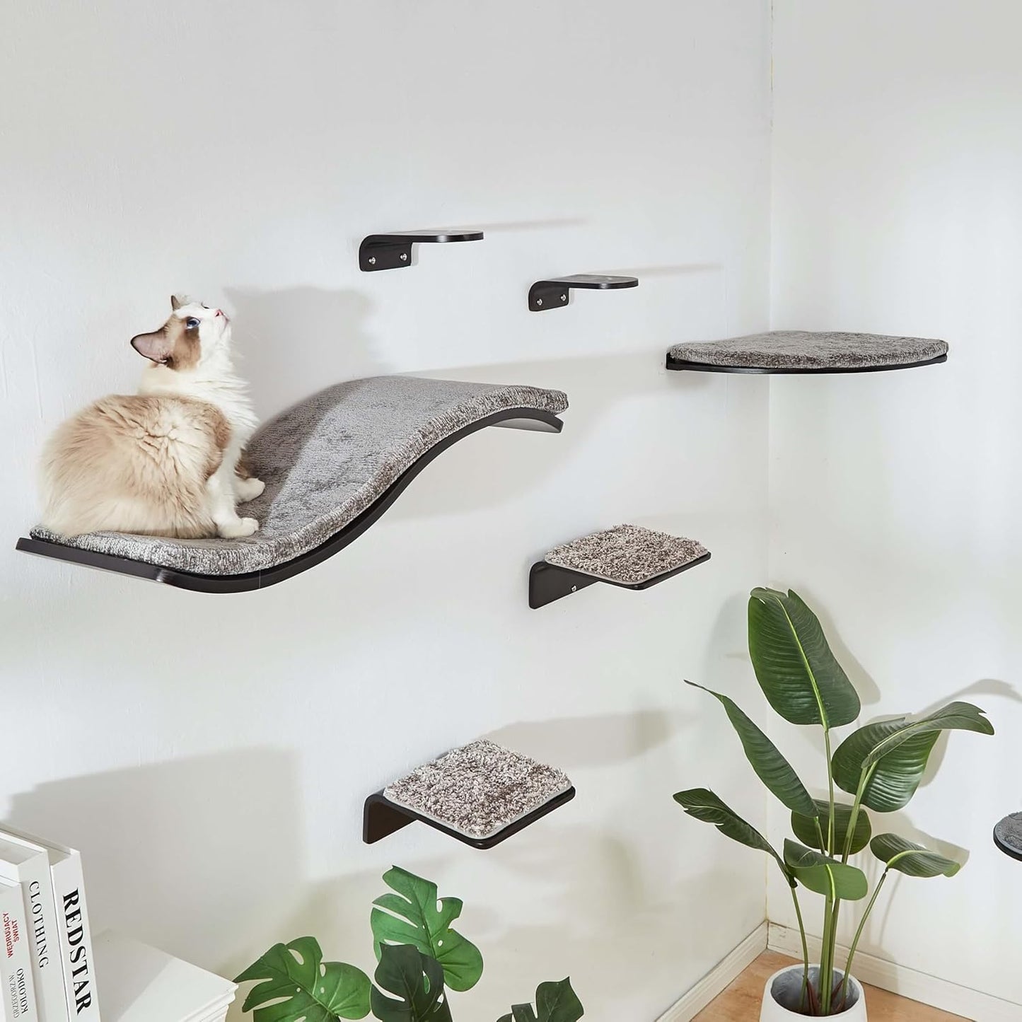 2 Set Cat Wall Steps - Wooden Cat Climbing Shelf for Wall - Cats Wall Stairs with Scratching Mat - Wall Mounted Cats Furniture for Jumping, Playing, and Lounging, Walnut