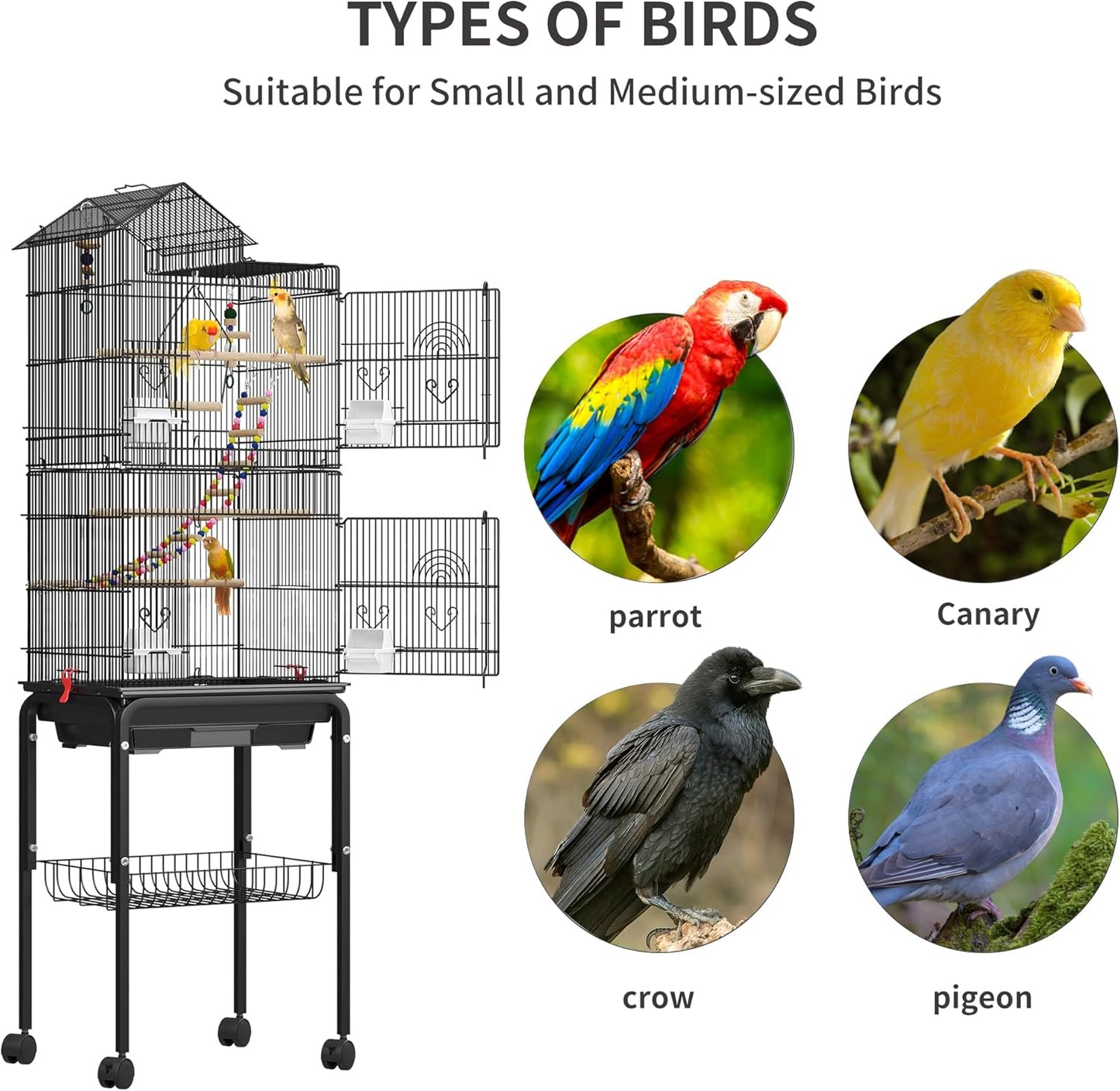 YITAHOME 62 Inch Large Bird Cage - Metal Flight Cage with Rolling Stand, Feeding Doors & Hanging Accessories for Parrots Cockatiels Conures Lovebirds Parakeets Small Birds