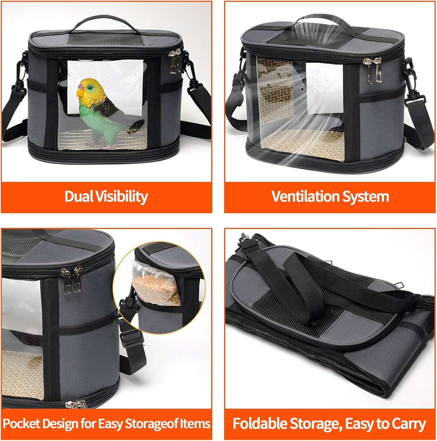 Bird Travel Carrierm, Small Bird Travel Backpack Carrier Cage with Tray and Breathable Clear Window, for Parakeet Cockatiel Budgies, for Camping Hiking (Beige)