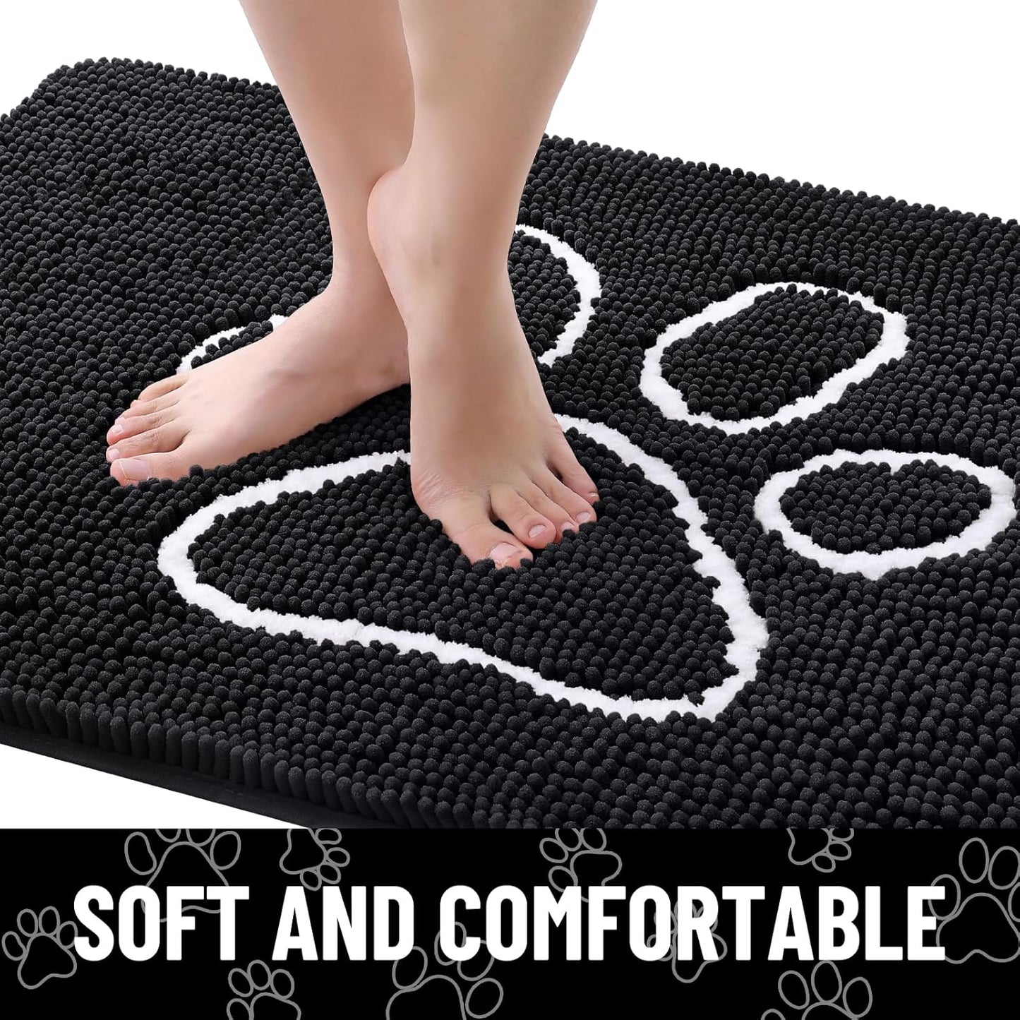 Smiry Dog Door Mat for Muddy Paws, Absorbent Dirt Trapper Non Slip Quick Dry Washable Chenille Mat for Mud Dogs, Entry Rug for Indoor and Outdoor (30x20 Inches, Black)