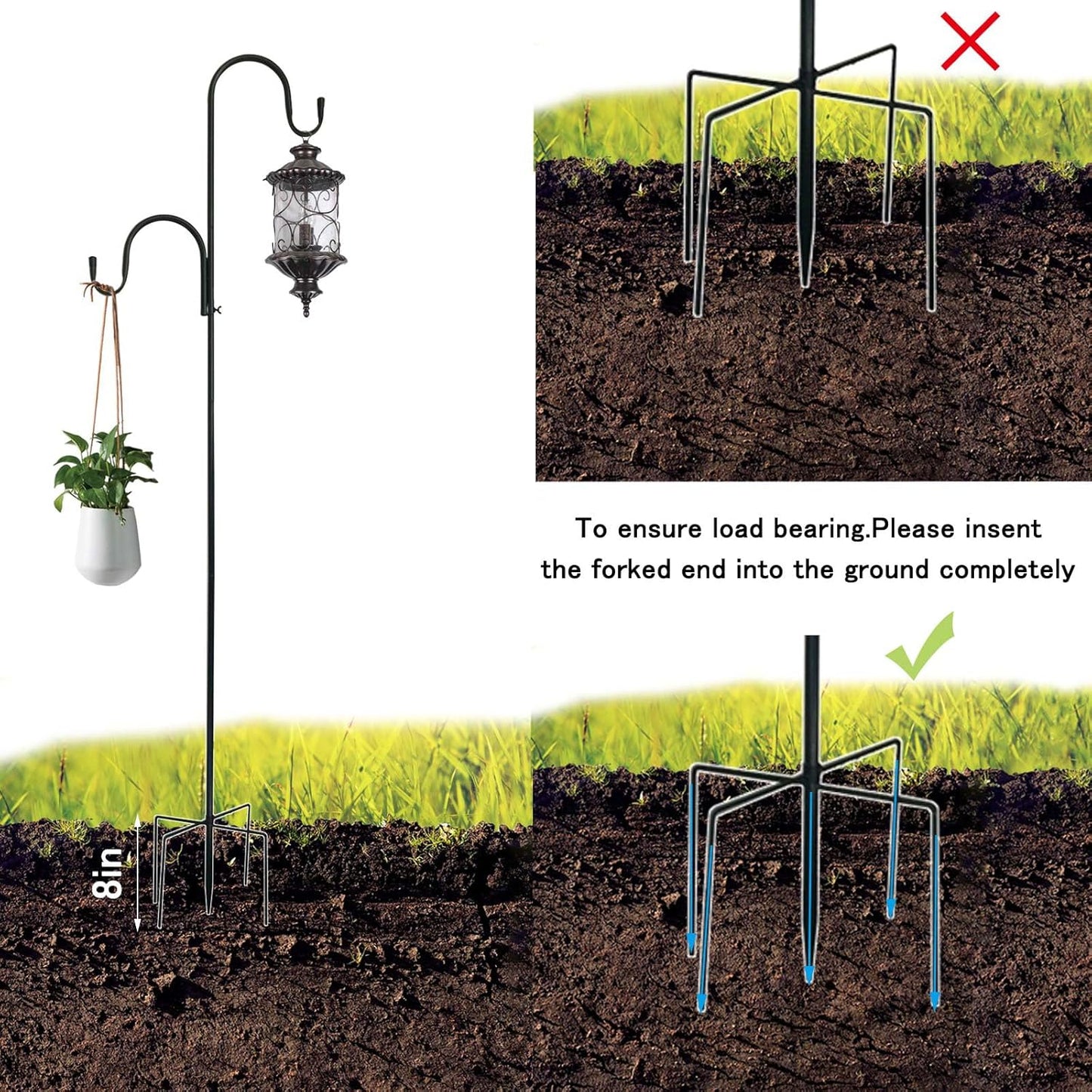 MIPON 2 Pack 78 Inch Double Shepherds Hooks for Outdoor Bird Feeder,Hanging Plants,Solar Light,Adjustable 78/62/46/30 Inch,3/4 Inch Width Heavy Duty Garden Shepards Hook