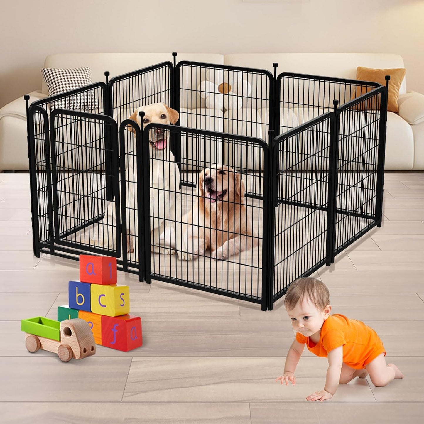 Dog Playpen 48 inch(H) 8 Panels Total 17.7 Ft(L) Dog Fence Outdoor for Yard. Wide Door Low Threshold，Metal Dog Pen Heavy Duty Pet Puppy Exercise Pen for Rv Camping Garden Yard