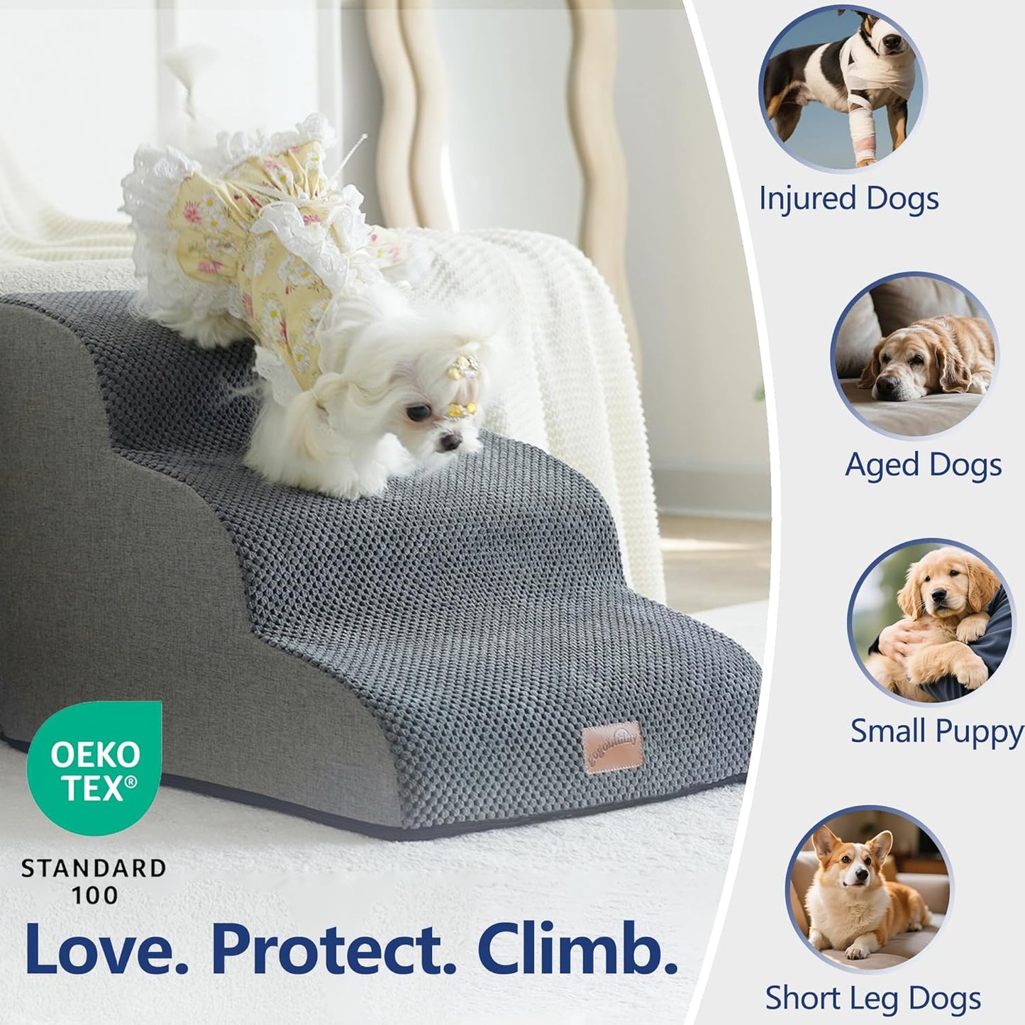 GoGoBunny Waterproof High Density Foam Curved Dog Stairs for High Beds Couches 19.7" H, 4-Step Ramp Dog Steps Friendly to Small Medium Dogs or Pets Joints, Non-Slip Balanced Durable Pet Step, Grey